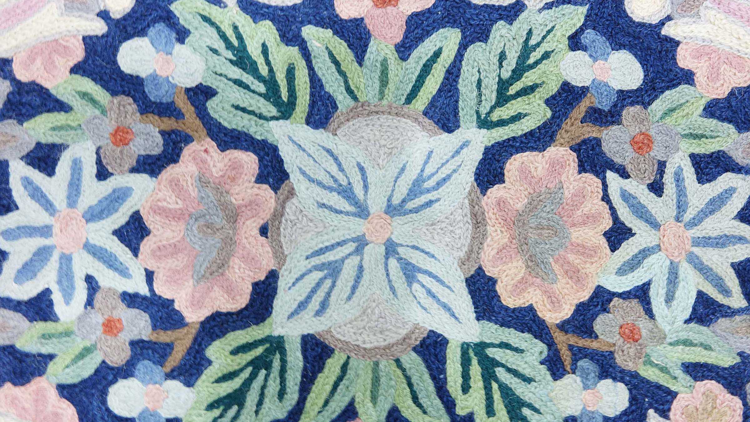 Chainstitch Kettenstich Teppich 80x120 Handgewebt Blau Blumenmuster Handarbeit Gewebt
