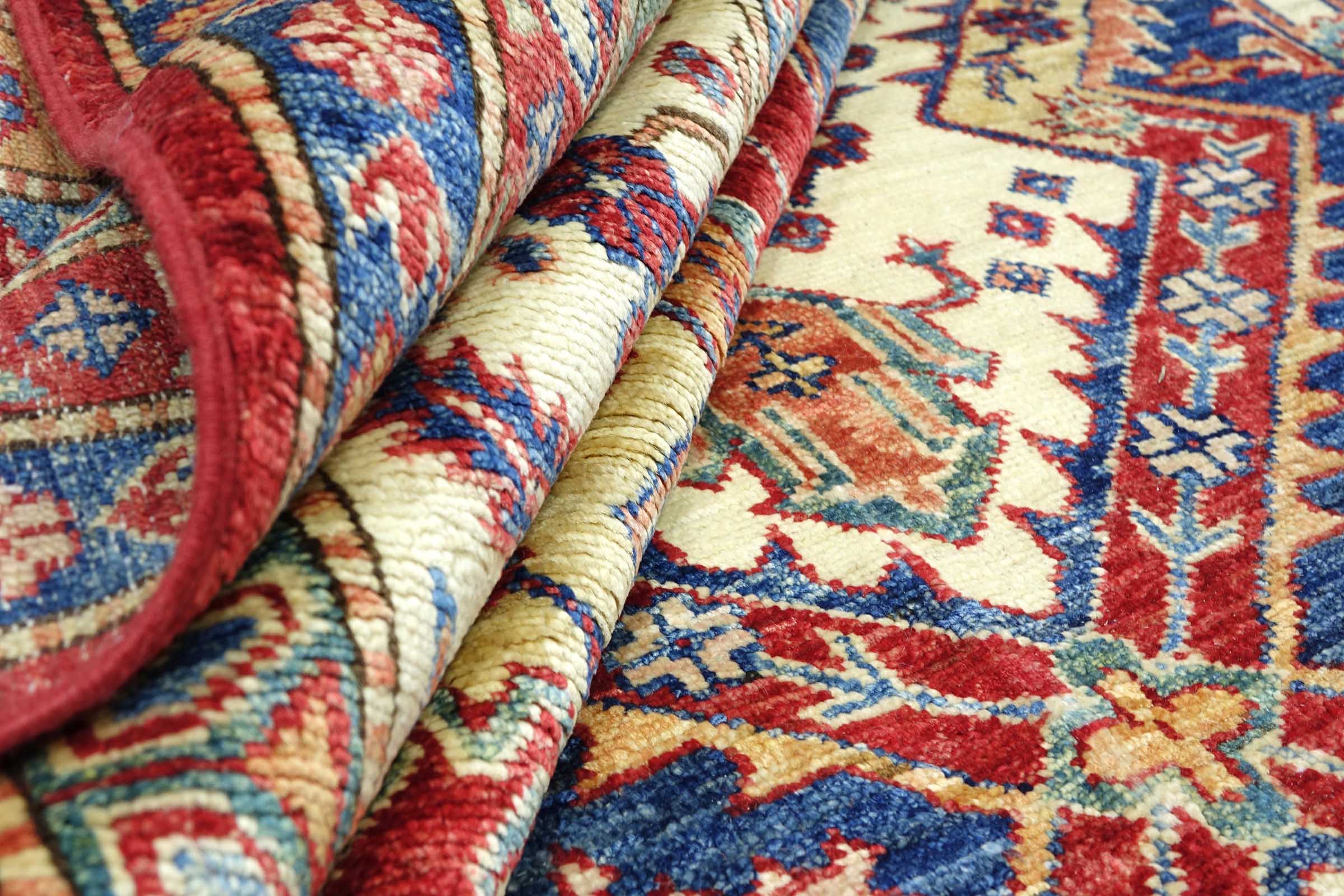 Afghan Feiner Kazak Teppich 240x340 Handgeknüpft Beige Geometrisch Orient Kurzflor
