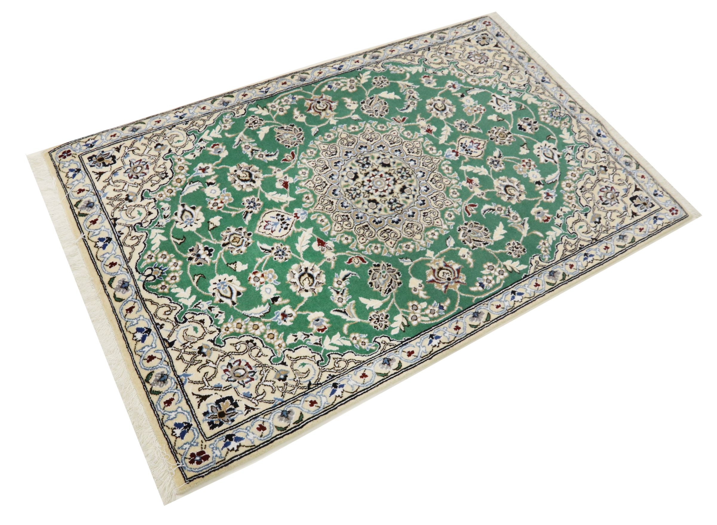 Perserteppich Nain 9LA 90x140 Handgeknüpft Grün Medaillon Orientalisch UNIKAT Kurzflor