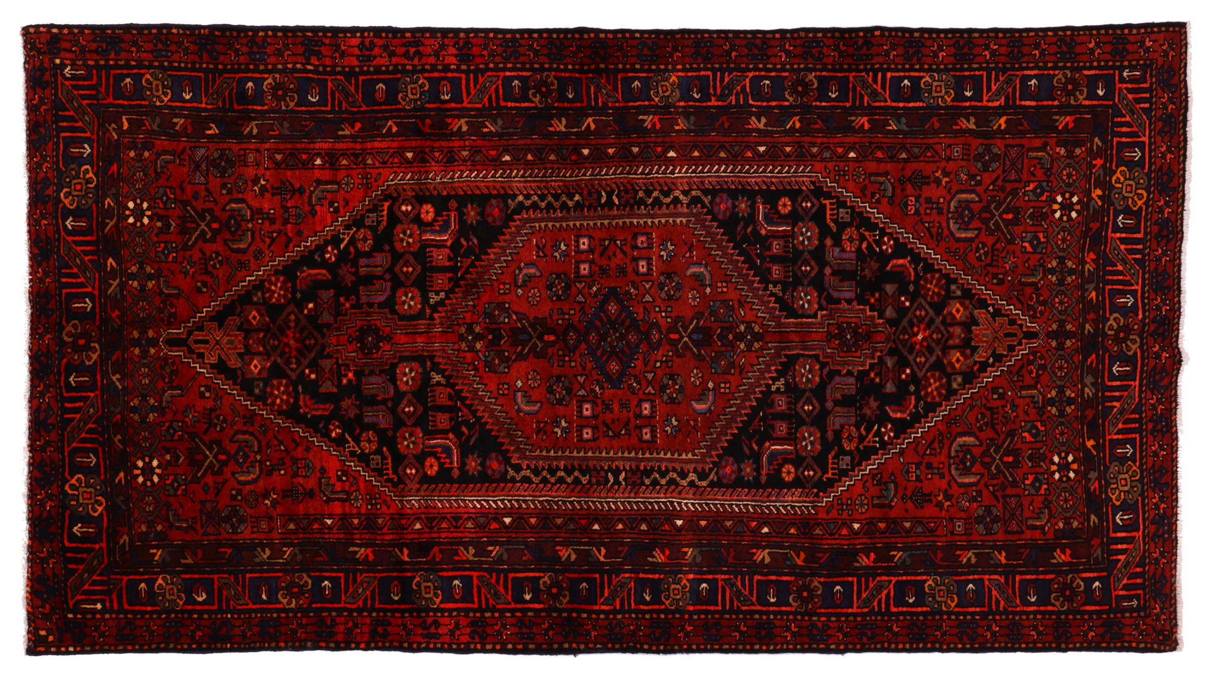 Perserteppich Hamadan Tiere 160x300 Handgeknüpft Rot Spiegelmuster Orientalisch UNIKAT