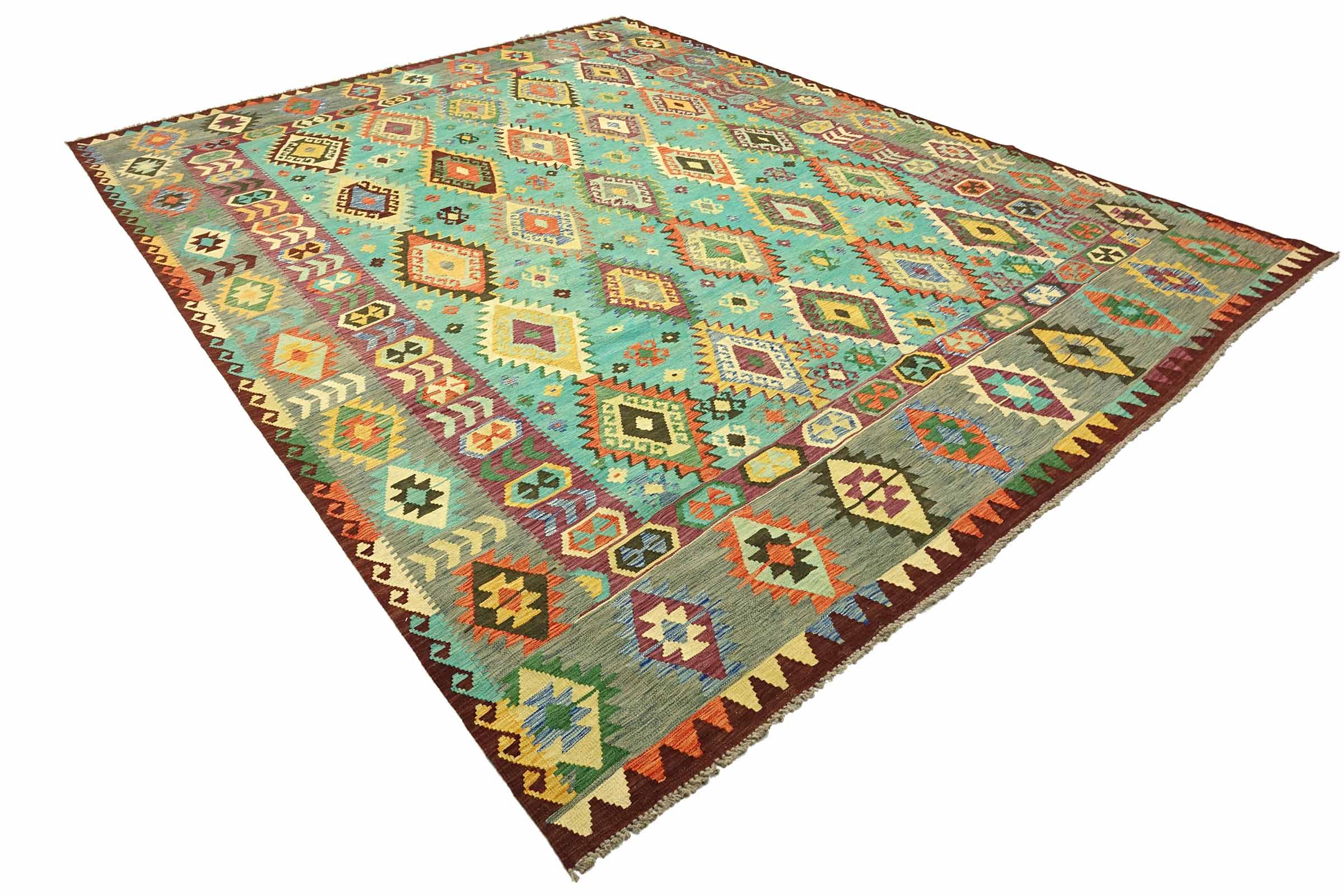Afghan Maimana Kelim Bunt 393x303 Handgewebt Teppich 300x390 Türkis Geometrisch Orient