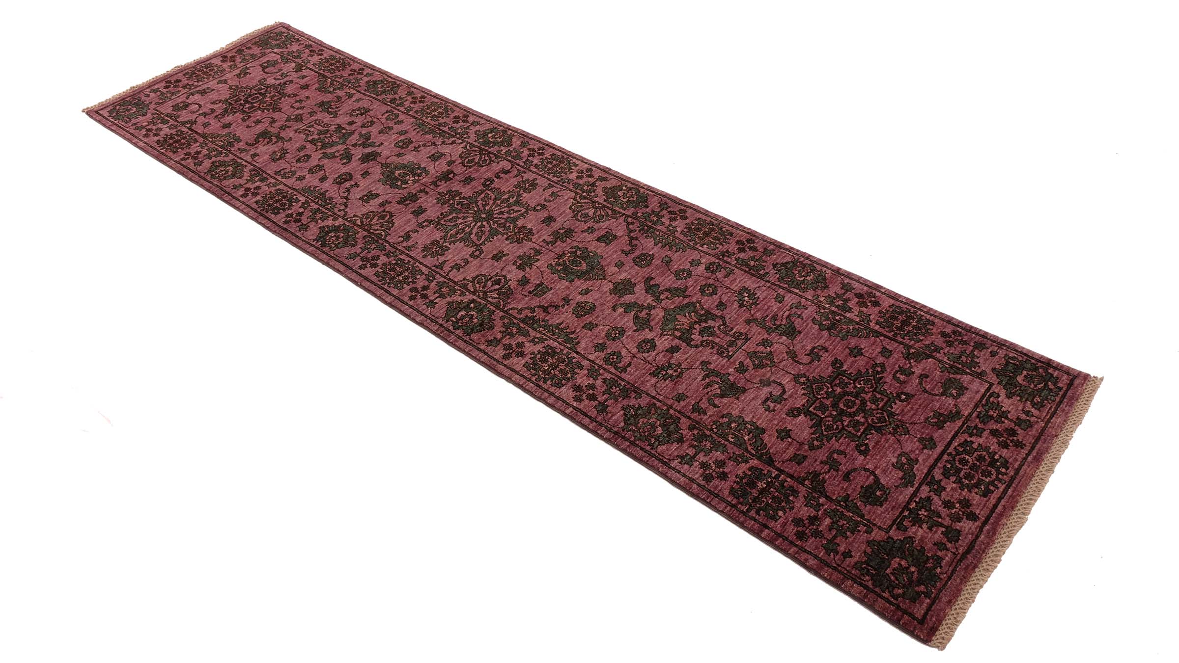 Chobi Ziegler Teppich 80x300 Handgeknüpft Läufer Rosa Floral Orientalisch UNIKAT