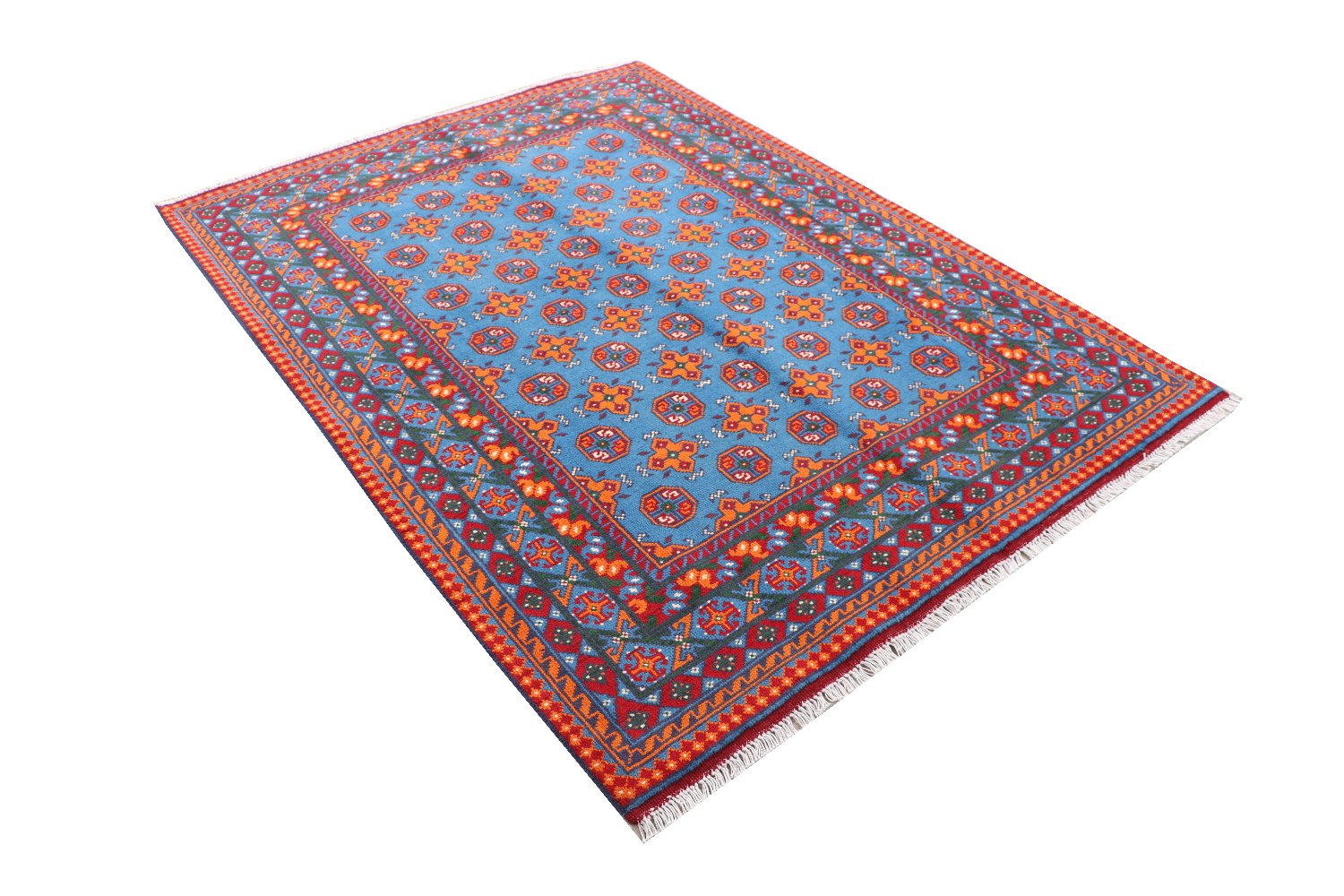 Afghan Akcha Rang Dar Teppich 140x200 Handgeknüpft Blau Durchgemustert Orient Kurzflor