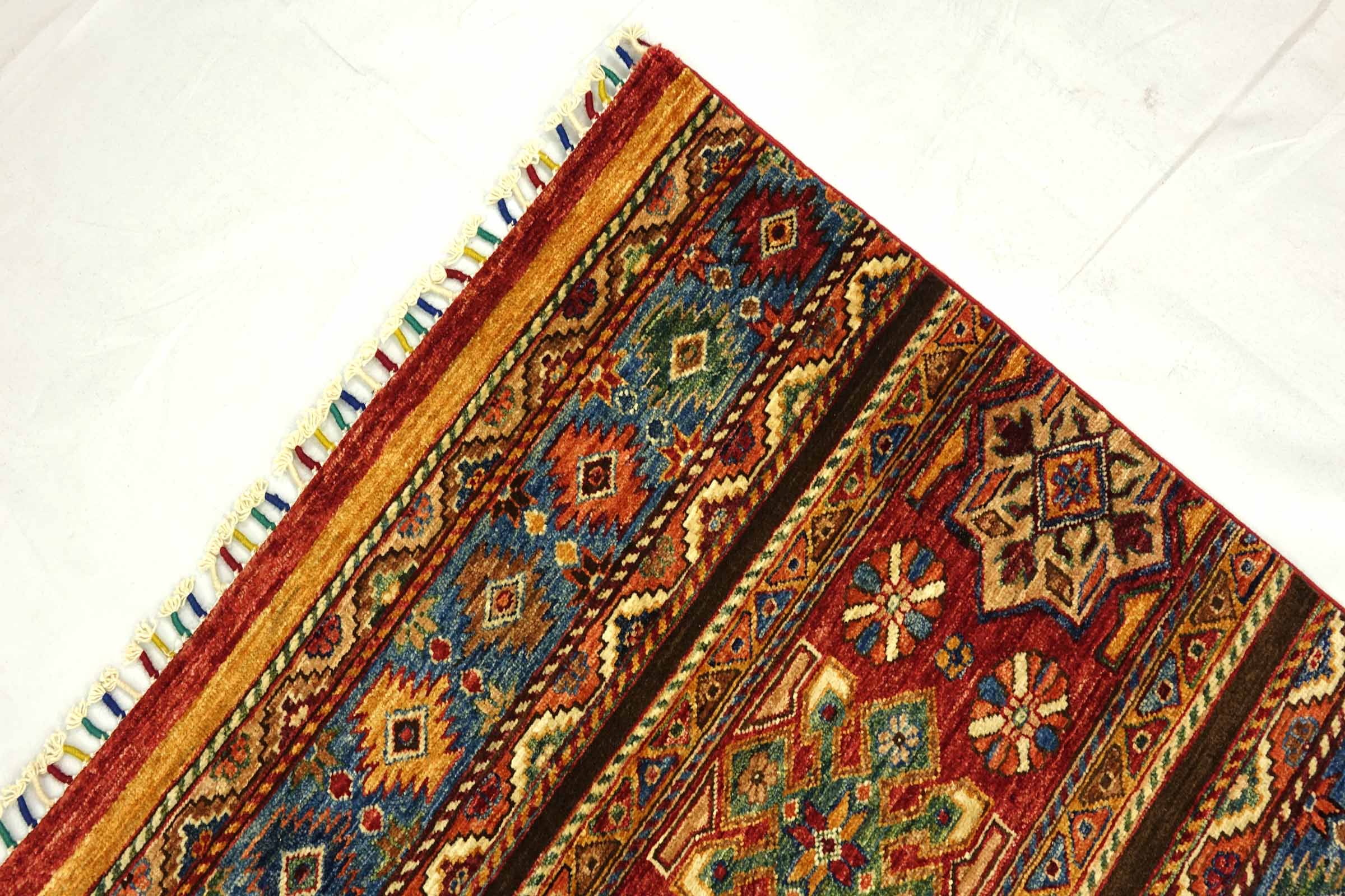 Afghan Khorjin Shaal 220x300 Handgeknüpft Orientteppich Rot Streifen Wolle
