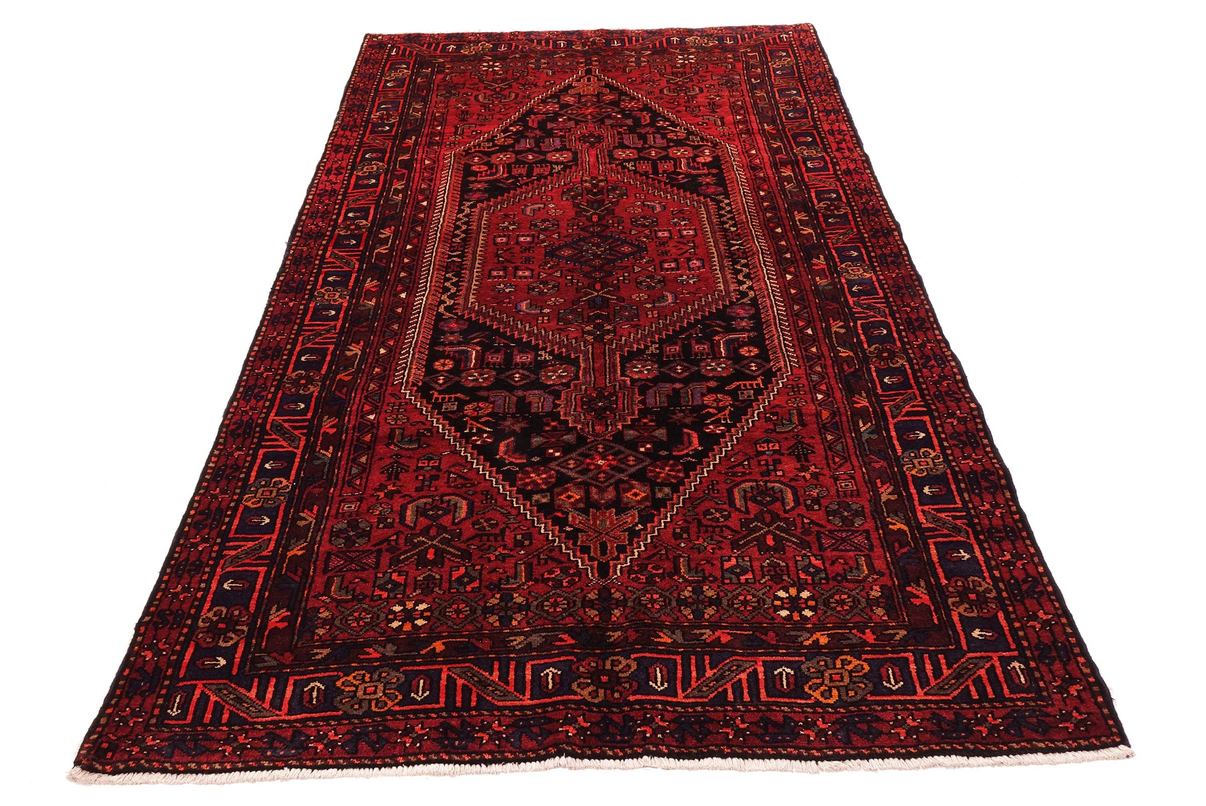 Perserteppich Hamadan Tiere 160x300 Handgeknüpft Rot Spiegelmuster Orientalisch UNIKAT