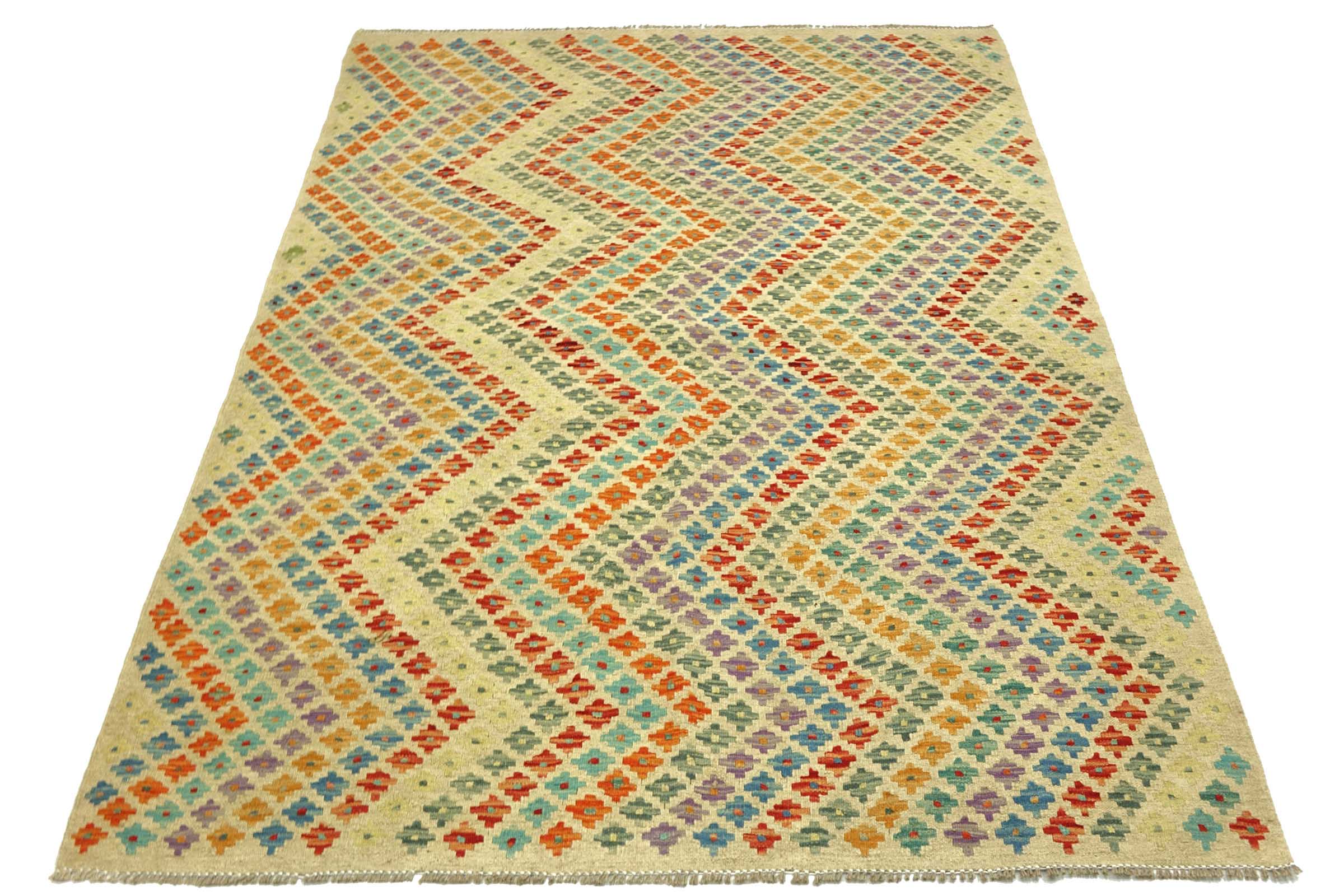 Afghan Maimana Kelim Bunt 160x200 Handgewebt Teppich Bunt Geometrisch Orient