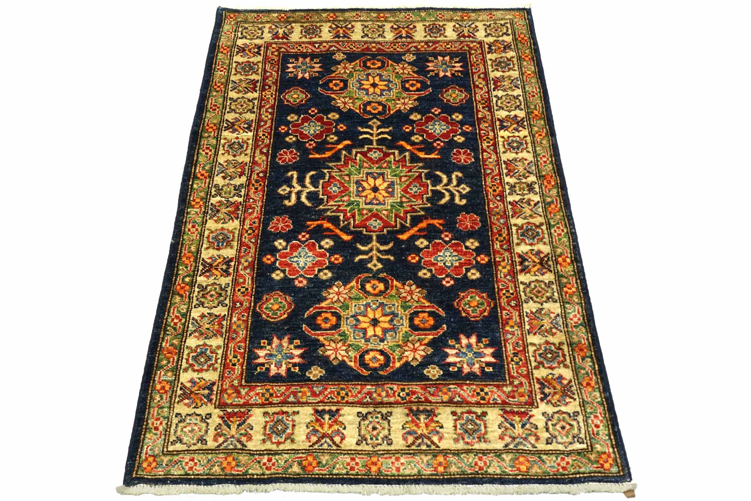 Afghan Kazak Fein 100x120 Handgeknüpft Orientteppich Schwarz Umrandung Wolle