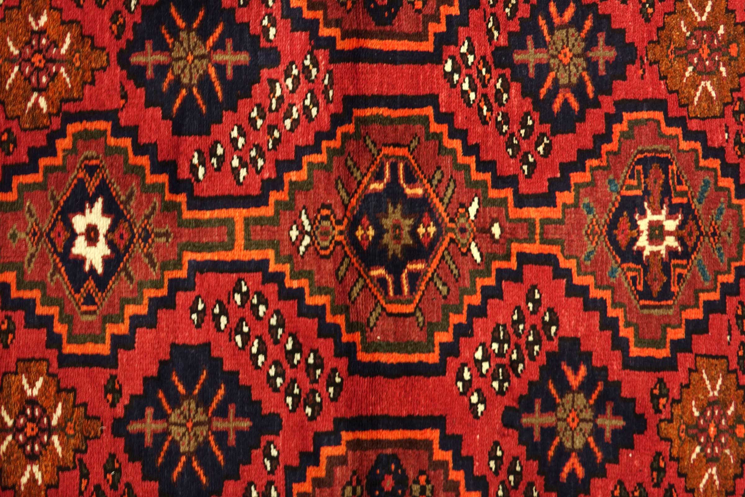 Perser Hamadan 100x140 Handgeknüpft Orientteppich Rot Umrandung Wolle Kurzflor