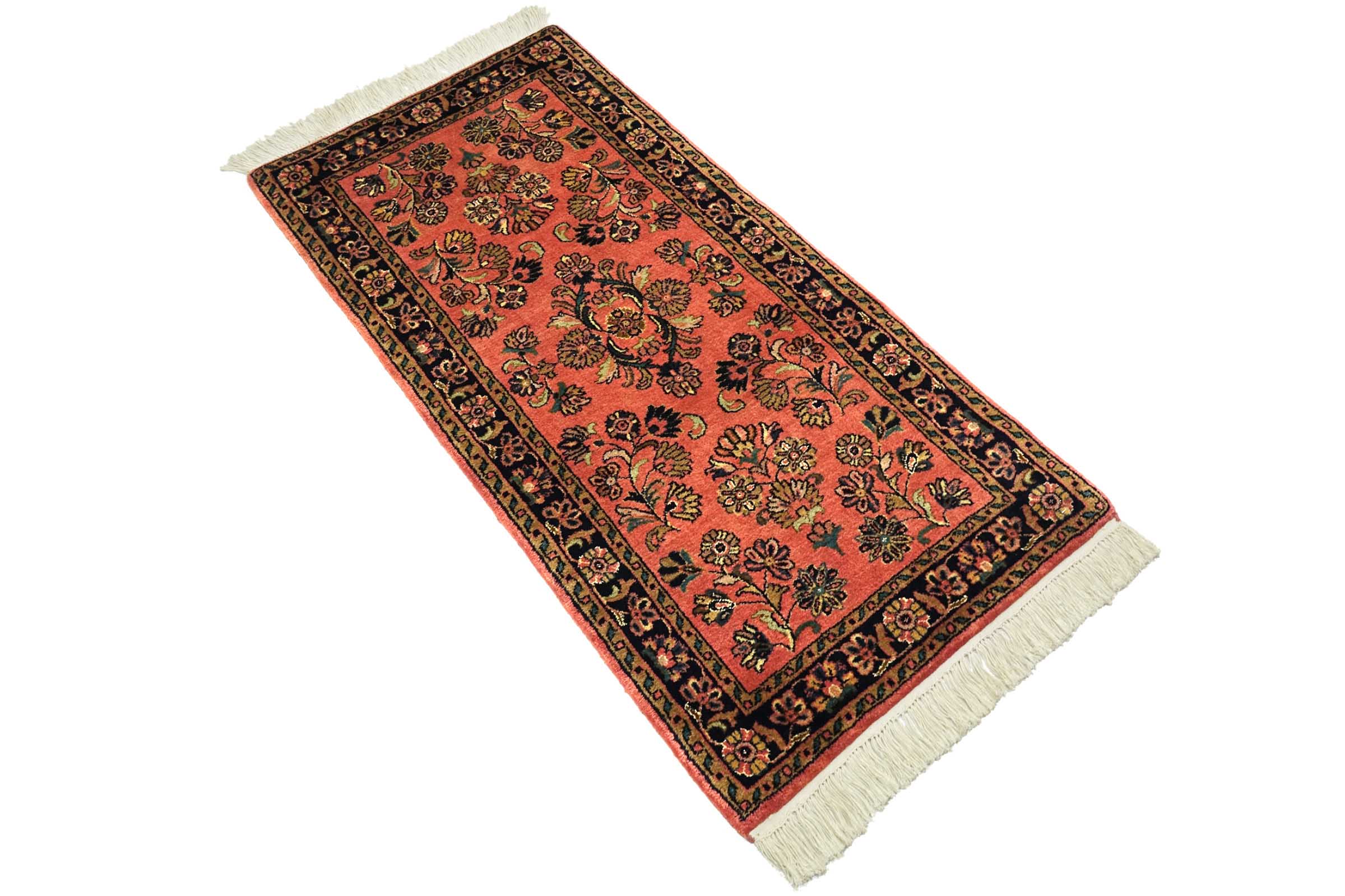 Sarough Teppich 70x140 Handgeknüpft Rosa Floral Wolle Kurzflor Rug