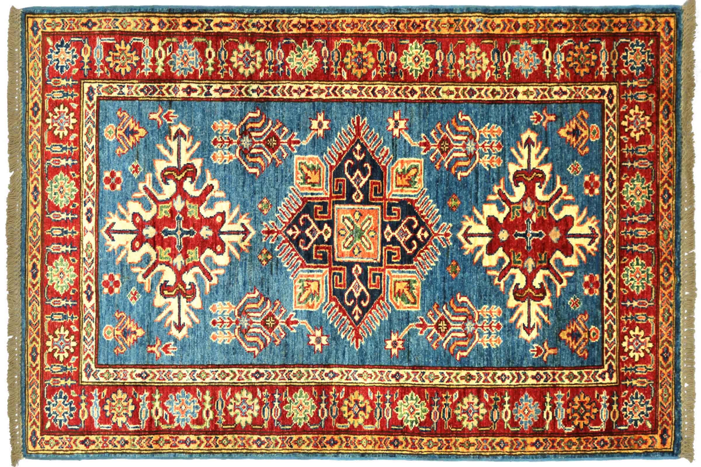 Afghan Kazak Fein 100x150 Handgeknüpft Orientteppich Blau Umrandung Wolle