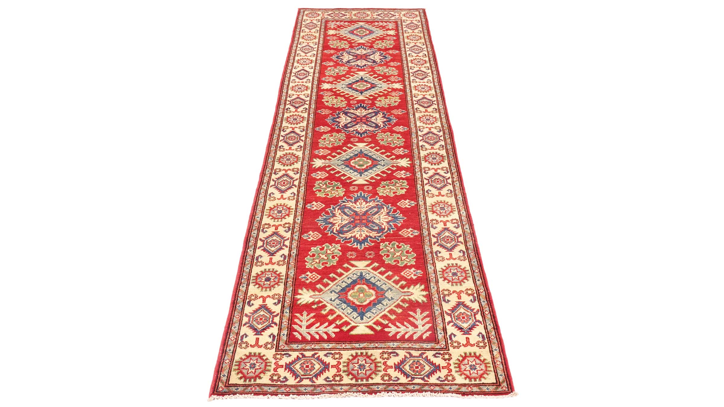 Kazak Teppich 80x300 Handgeknüpft Läufer rot Geometrisch Orientalisch UNIKAT Kurzflor