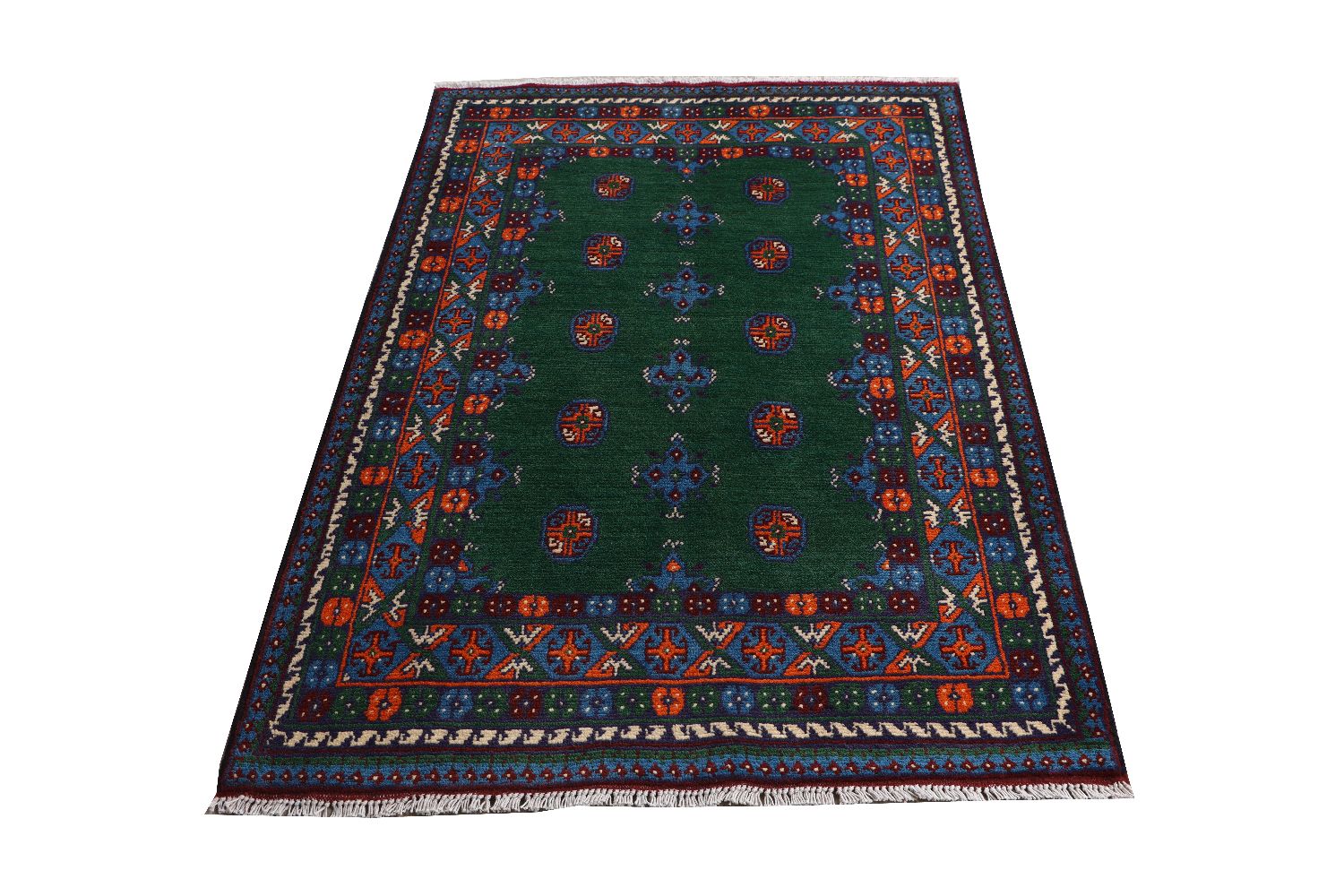 Afghan Akcha Rang Dar Teppich 100x150 Handgeknüpft Grün Durchgemustert Orient Kurzflor