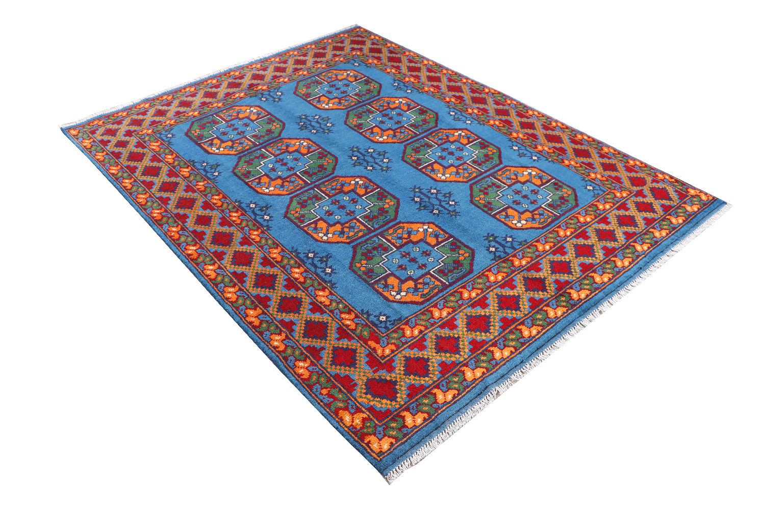 Afghan Akcha Rang Dar Teppich 150x200 Handgeknüpft Blau Durchgemustert Orient Kurzflor