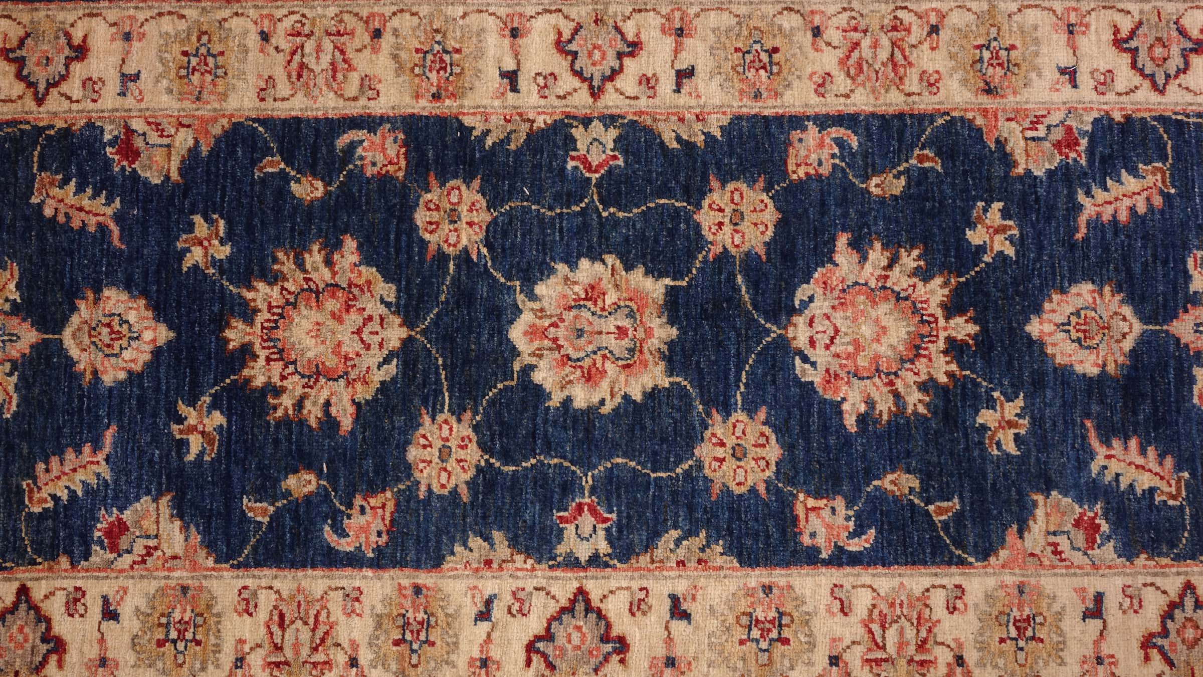 Chobi Ziegler Teppich 60x180 Handgeknüpft Läufer Blau Floral Orientalisch UNIKAT