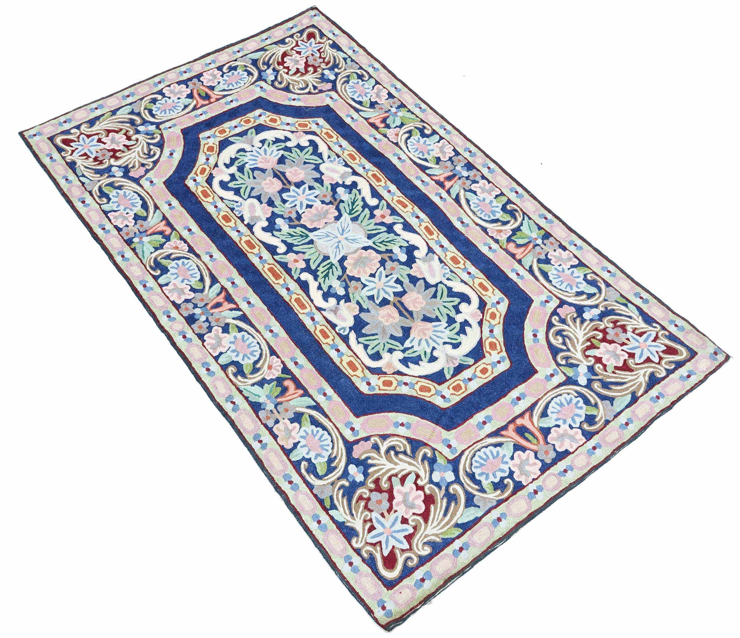 Chainstitch Kettenstich Teppich 80x120 Handgewebt Blau Blumenmuster Handarbeit Gewebt
