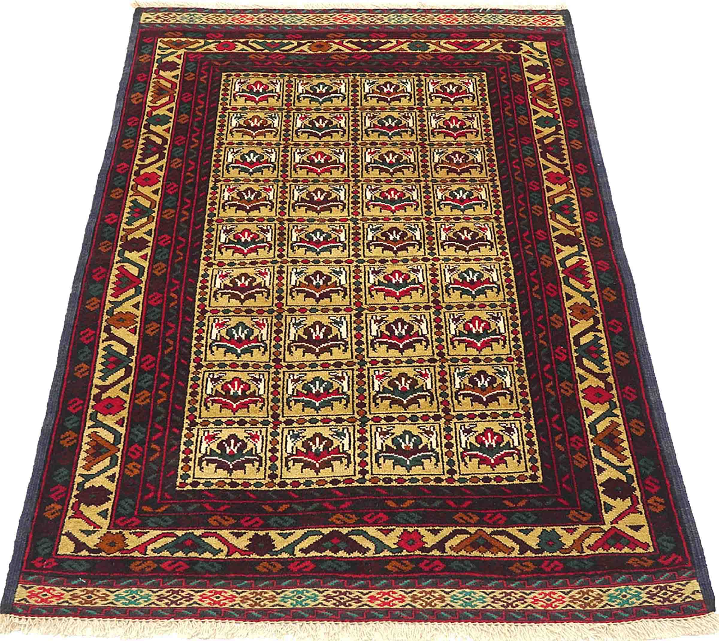 Afghan Teppich 90x140 Handgeknüpft Beige Geometrisch Orient Kurzflor Wohnzimmer