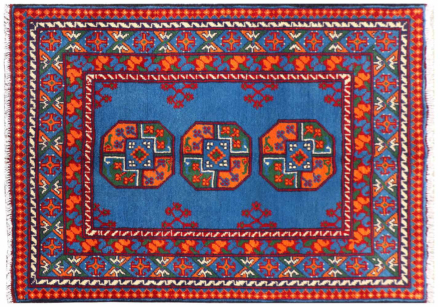 Afghan Akcha Rang Dar Teppich 100x150 Handgeknüpft Blau Durchgemustert Orient Kurzflor