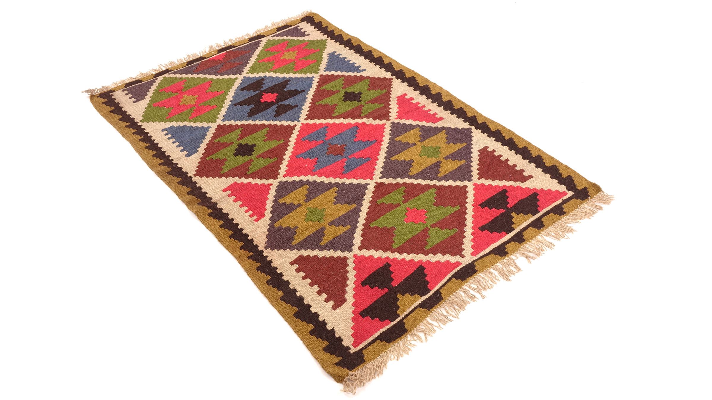 Perserteppich Kelim Ardebil 100x150 Handgewebt Gold Geometrisch Handarbeit Zimmer