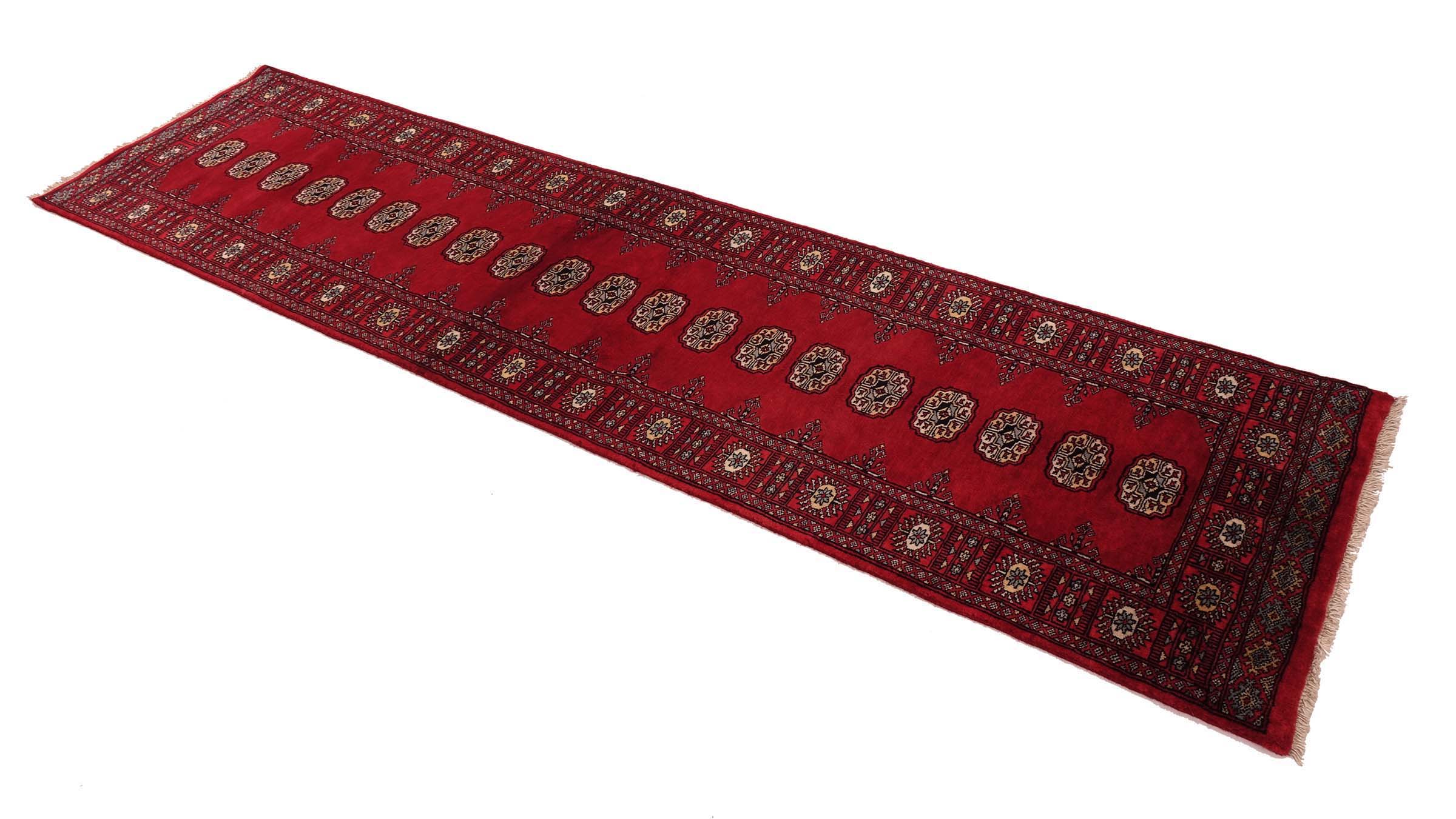 Pakistan Bokhara Teppich 80x300 Handgeknüpft Läufer Rot Geometrisch Orientalisch UNIKAT