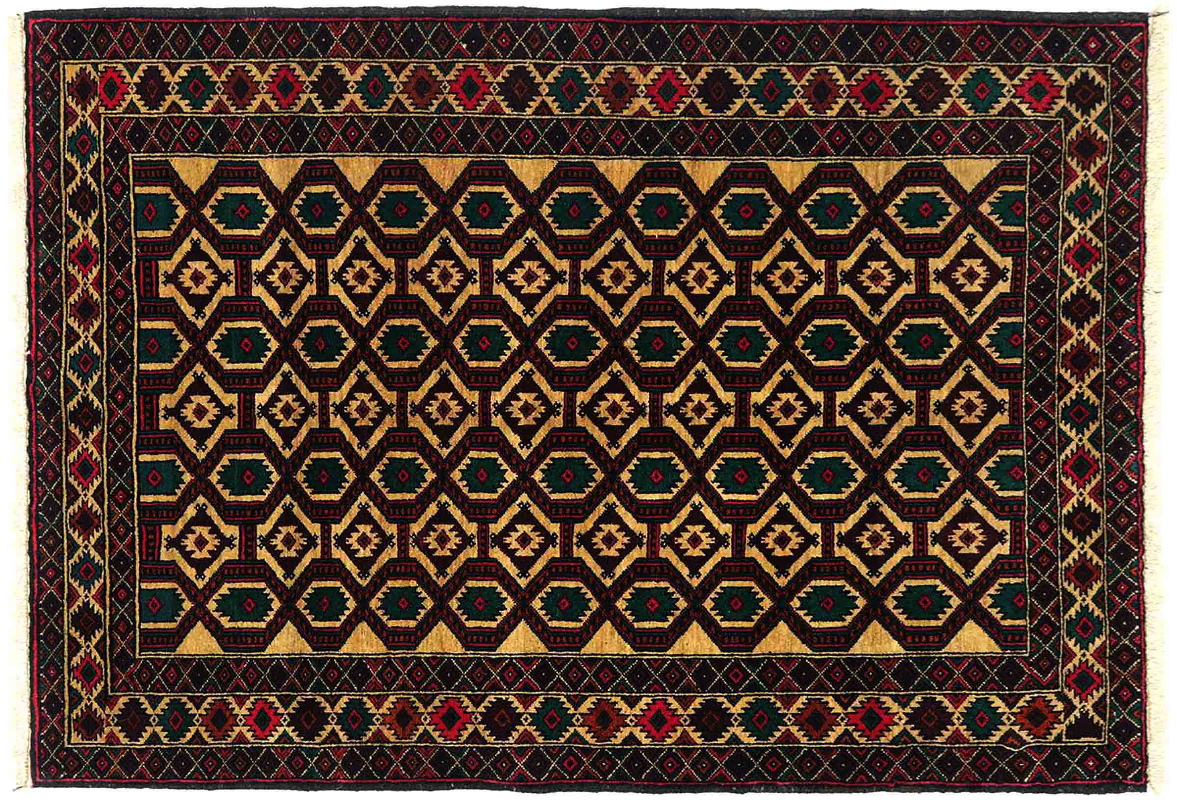 Afghan Teppich 90x140 Handgeknüpft Beige Geometrisch Orient Kurzflor Wohnzimmer