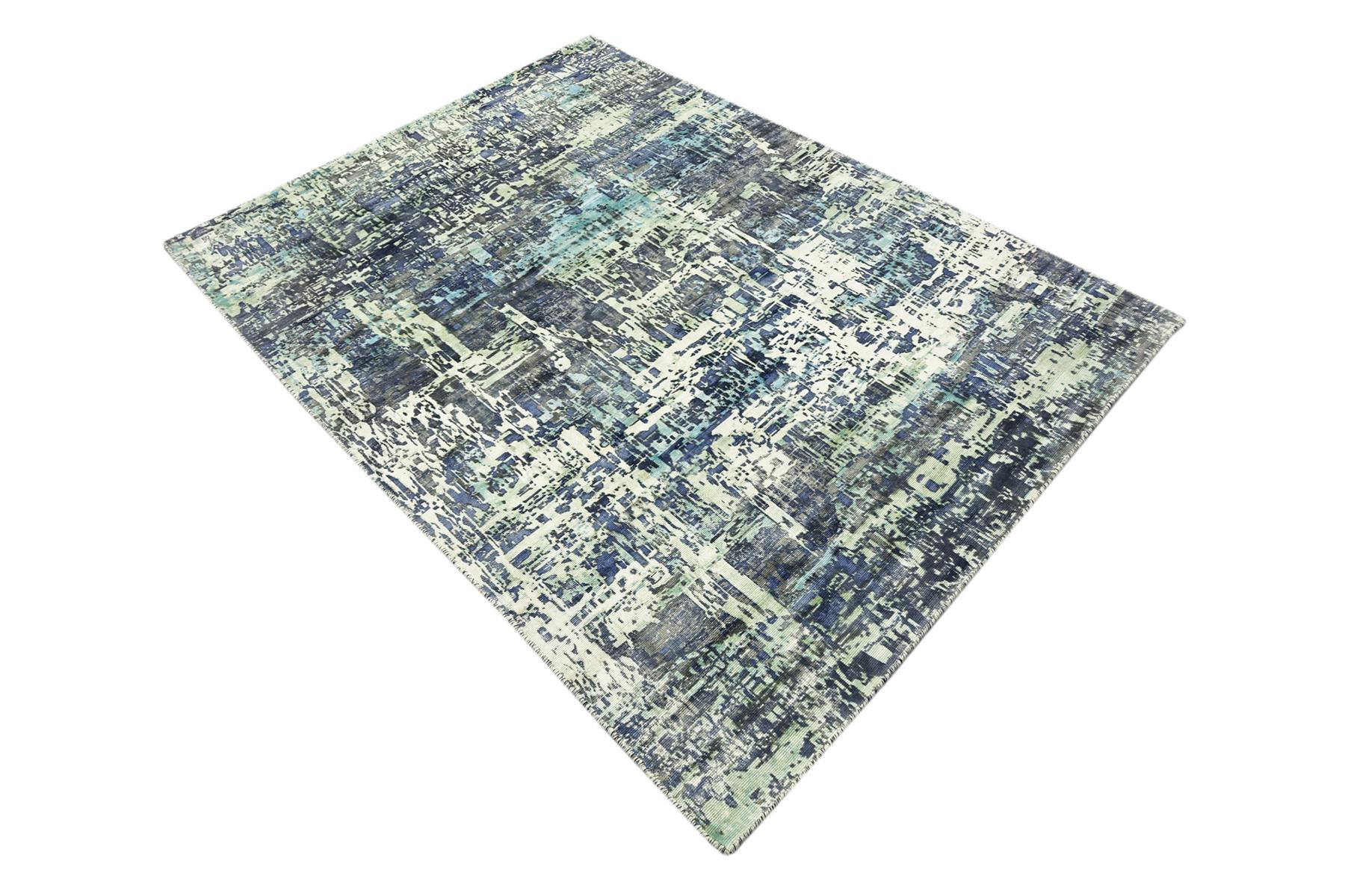 Handloom Vintage 220x160 Handgewebt Teppich 160x220 Blau Abstrakt Handarbeit Orient