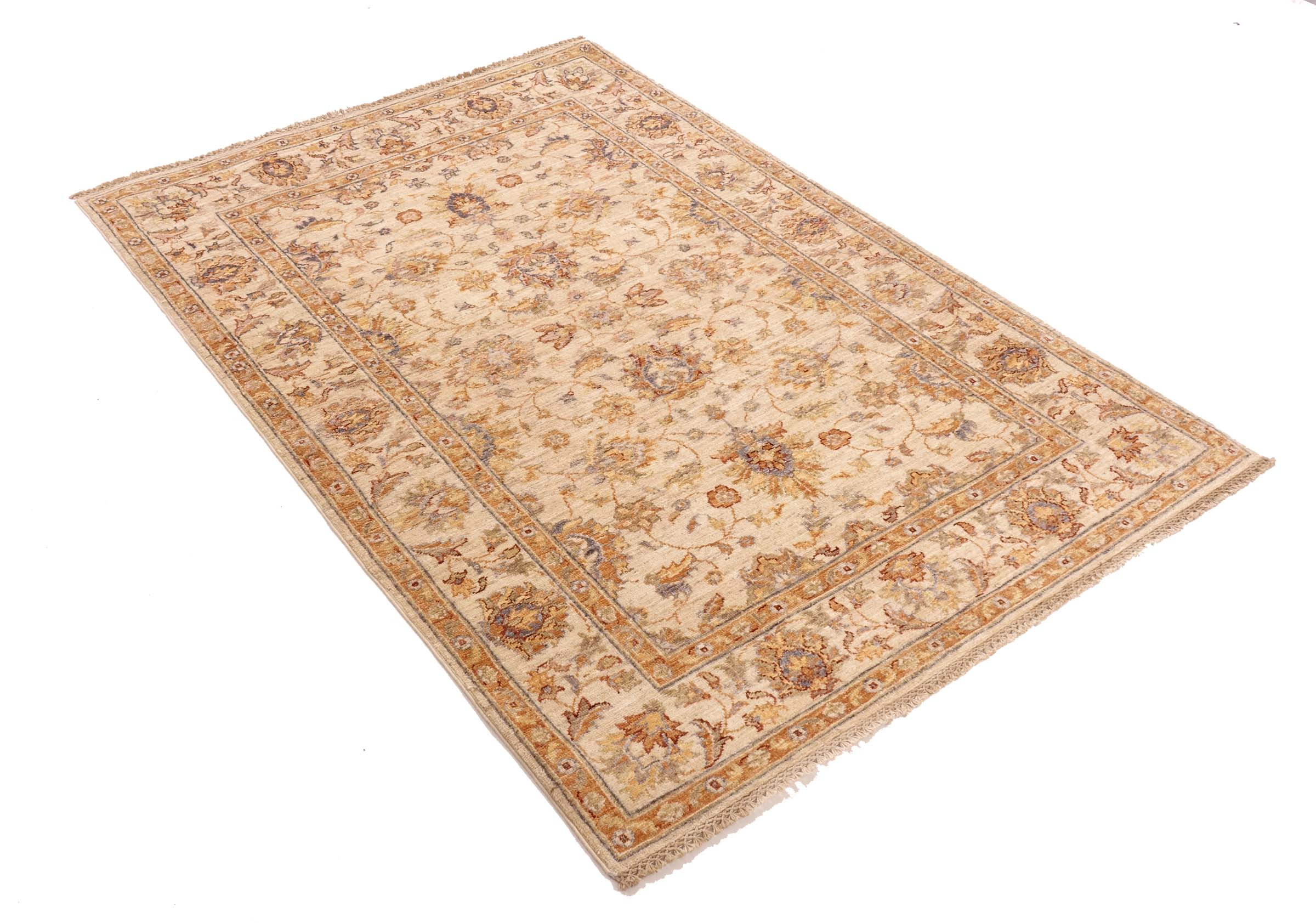 Chobi Ziegler Teppich 120x180 Handgeknüpft Beige Floral Orientalisch UNIKAT Kurzflor