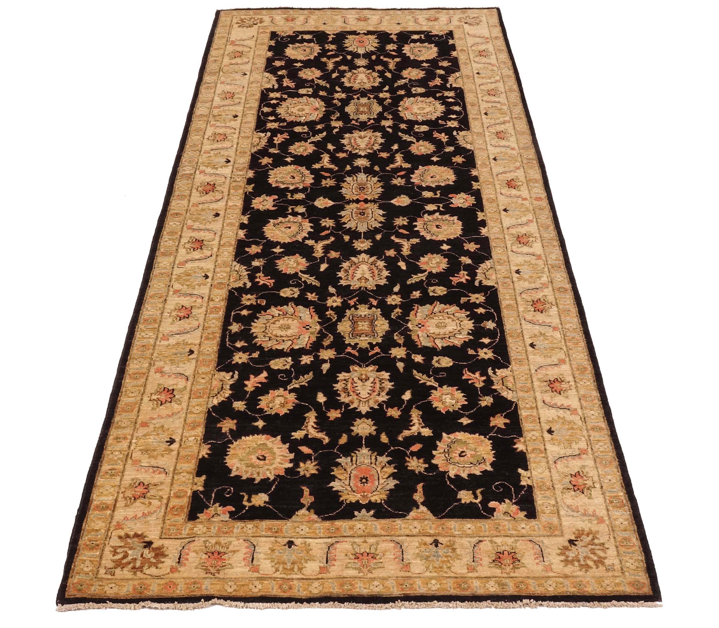 Chobi Ziegler Teppich 130x350 Handgeknüpft Läufer Schwarz Floral Orientalisch UNIKAT