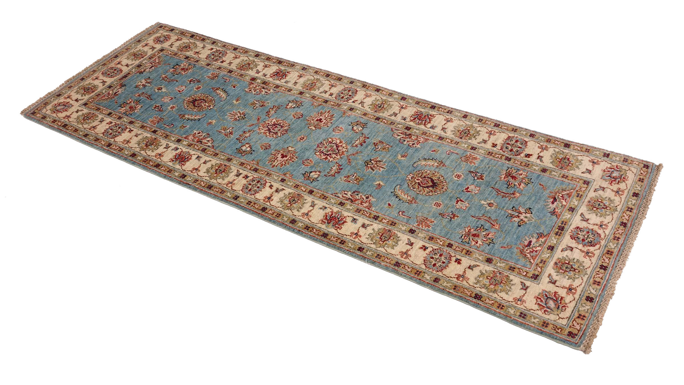 Chobi Ziegler Teppich 80x210 Handgeknüpft Läufer Blau Floral Orientalisch UNIKAT
