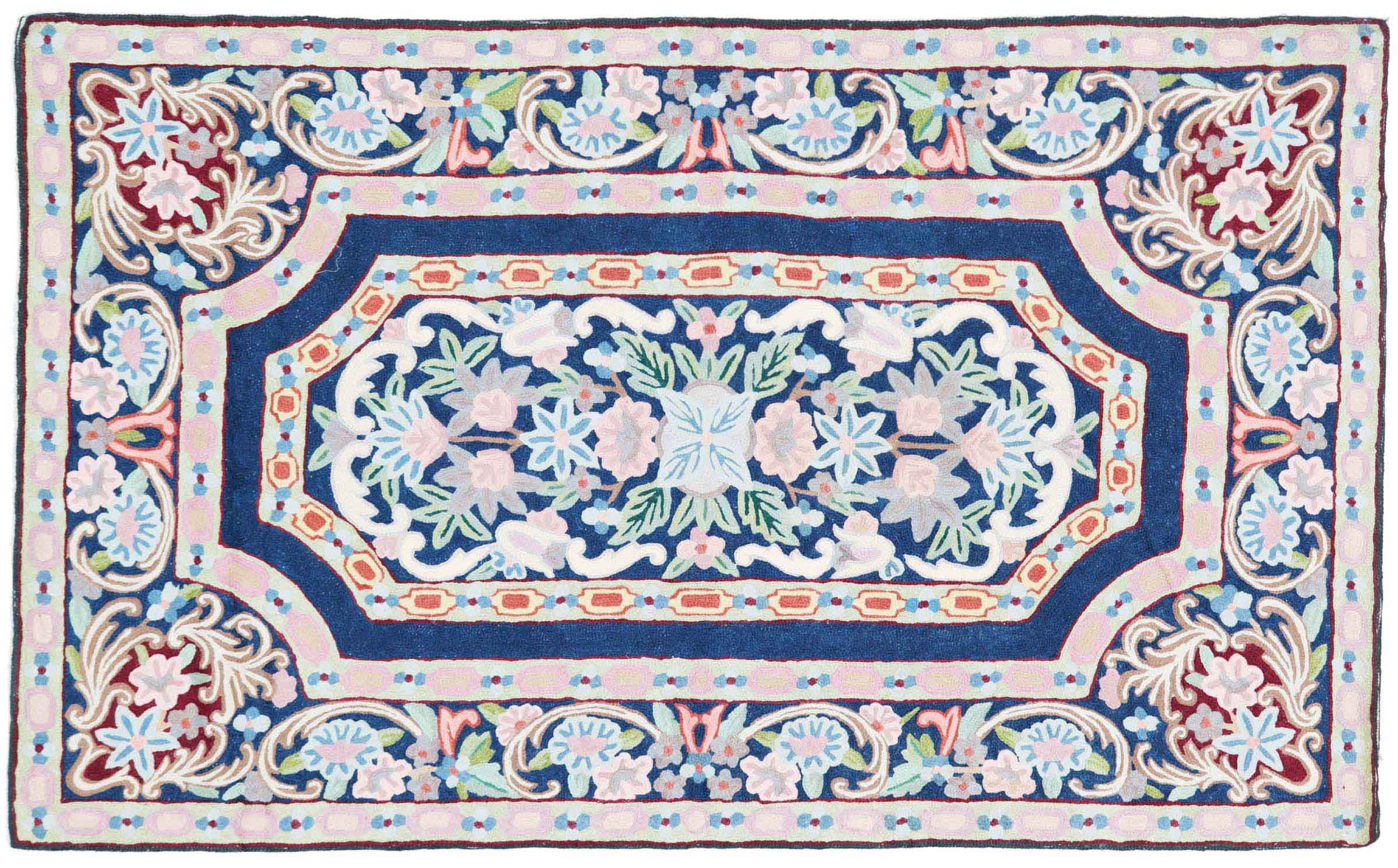 Chainstitch Kettenstich Teppich 80x120 Handgewebt Blau Blumenmuster Handarbeit Gewebt