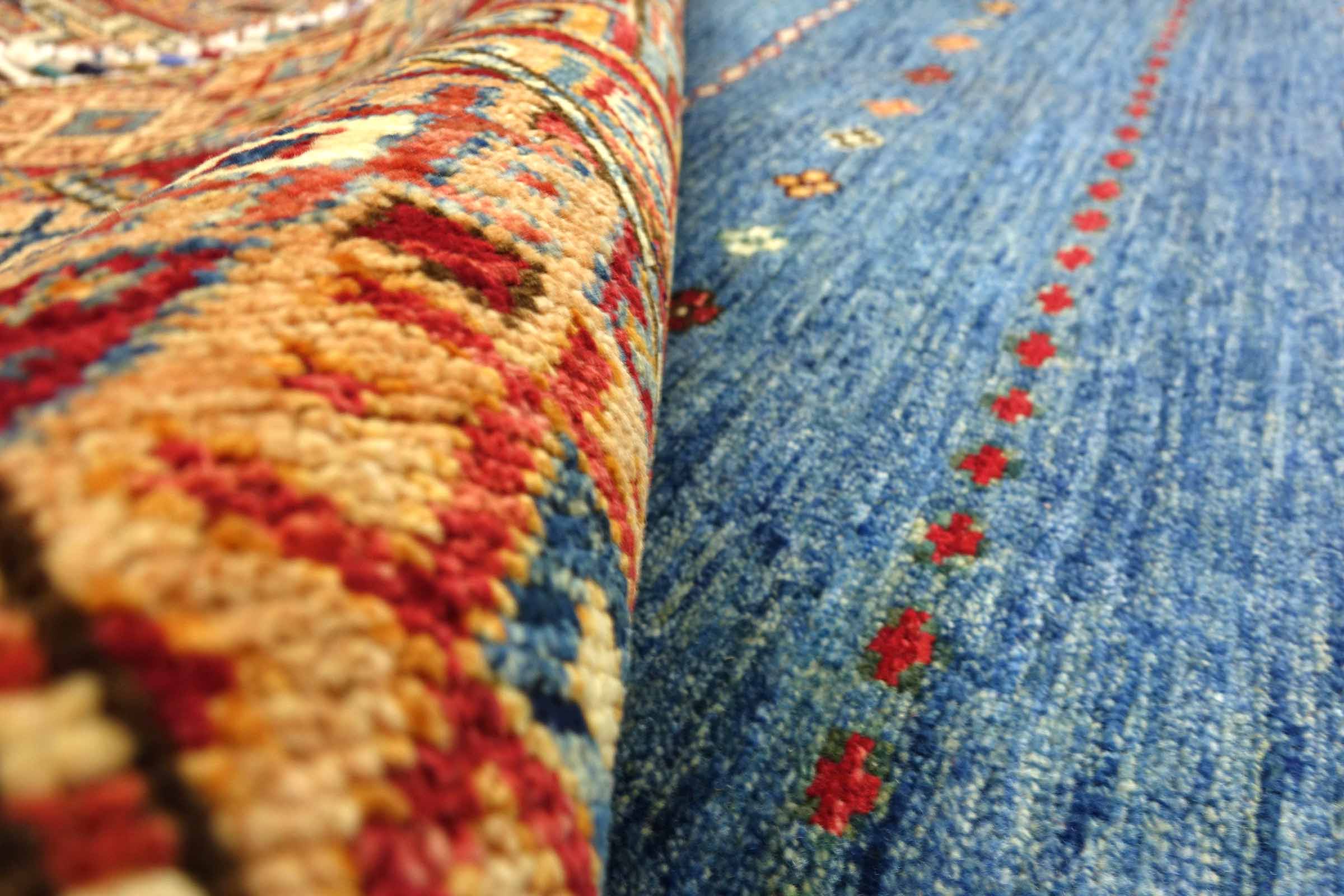 Afghan Khorjin Shaal 210x330 Handgeknüpft Orientteppich Hellblau Streifen Wolle