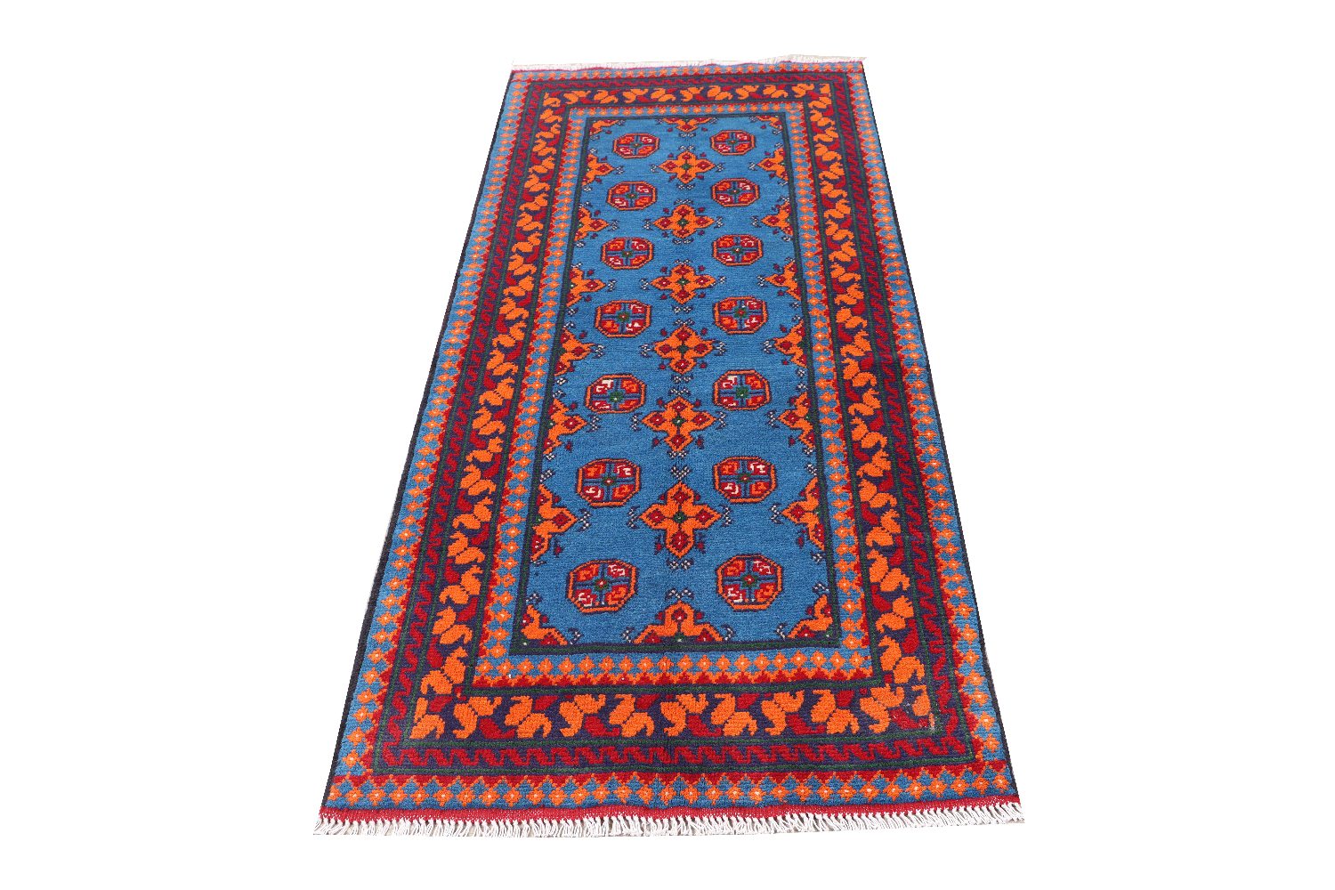 Afghan Akcha Rang Dar Teppich 80x200 Handgeknüpft Blau Durchgemustert Orient Kurzflor