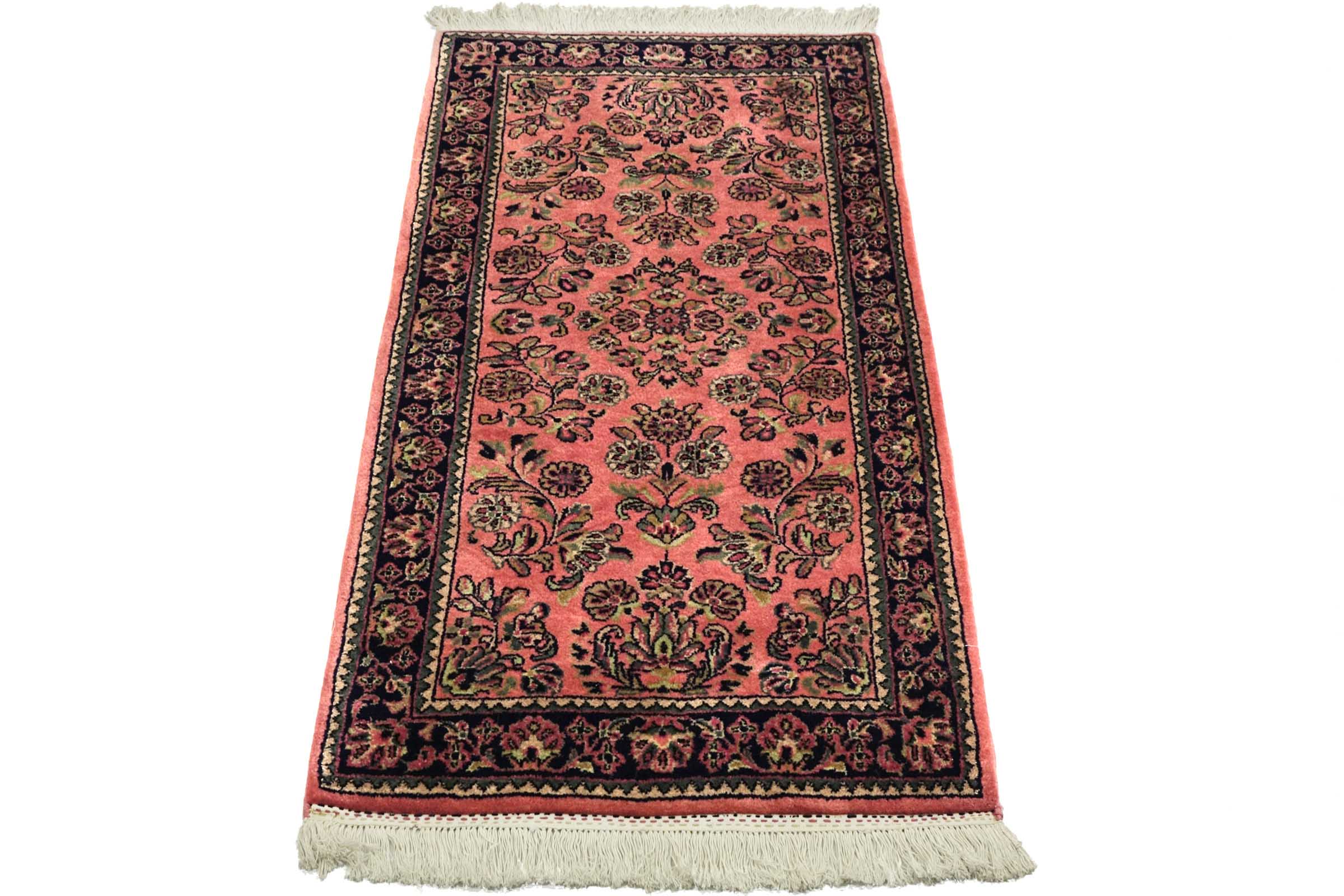 Sarough Teppich 70x140 Handgeknüpft Rosa Floral Wolle Kurzflor Rug