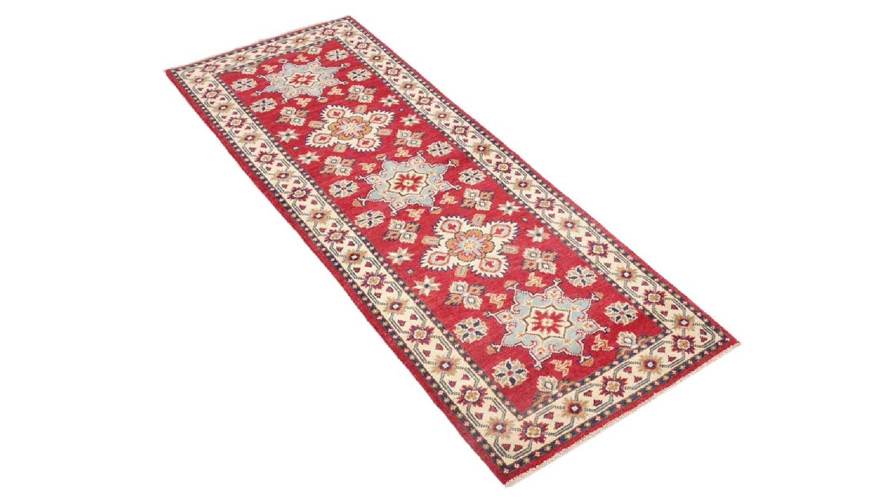 Kazak Teppich 60x170 Handgeknüpft Läufer rot Geometrisch Orientalisch UNIKAT Kurzflor