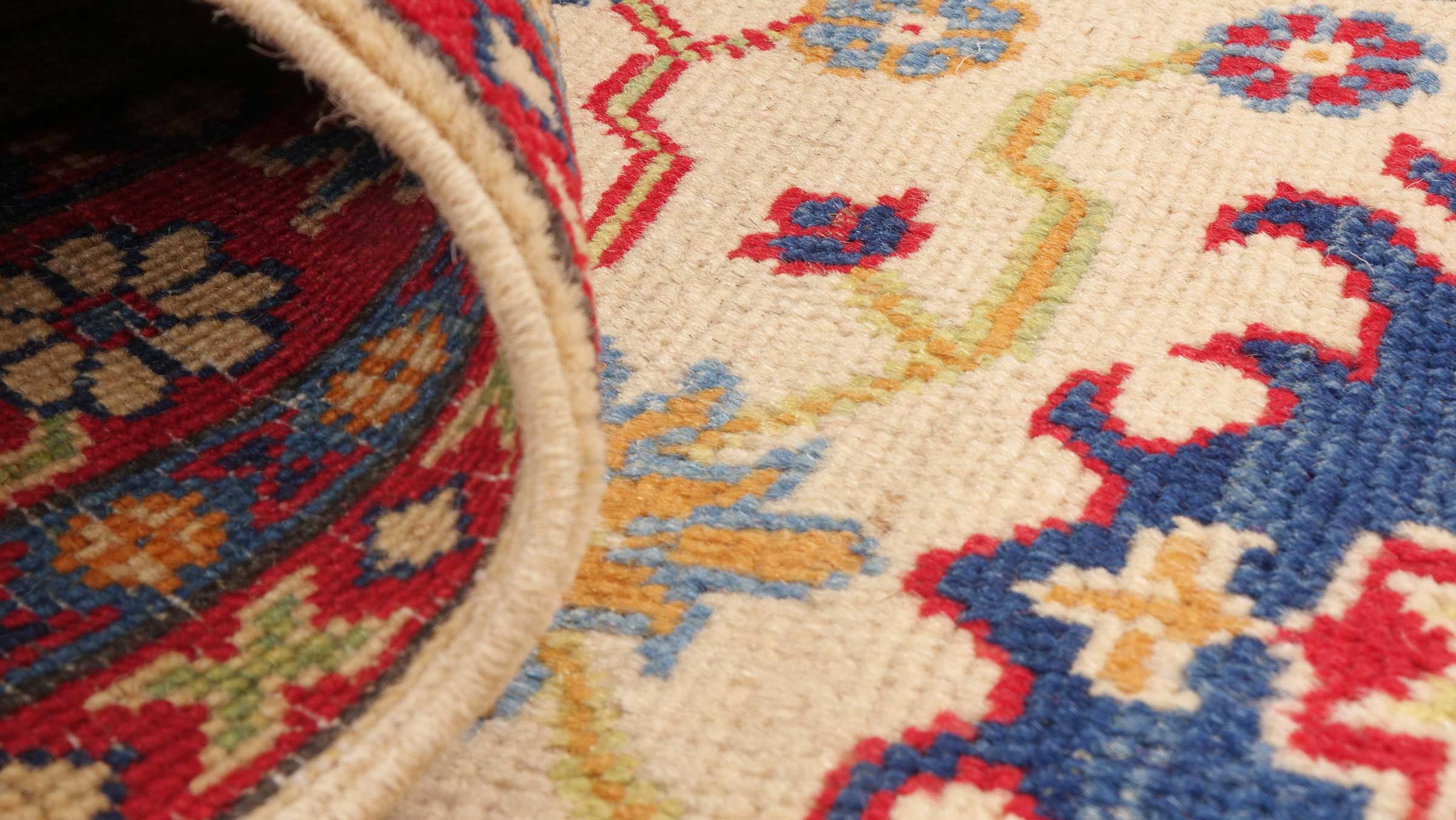 Kazak Teppich 80x300 Handgeknüpft Läufer Beige Floral Orientalisch UNIKAT Kurzflor