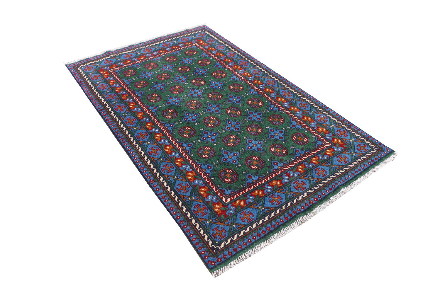 Afghan Akcha Rang Dar Teppich 120x180 Handgeknüpft Grün Durchgemustert Orient Kurzflor