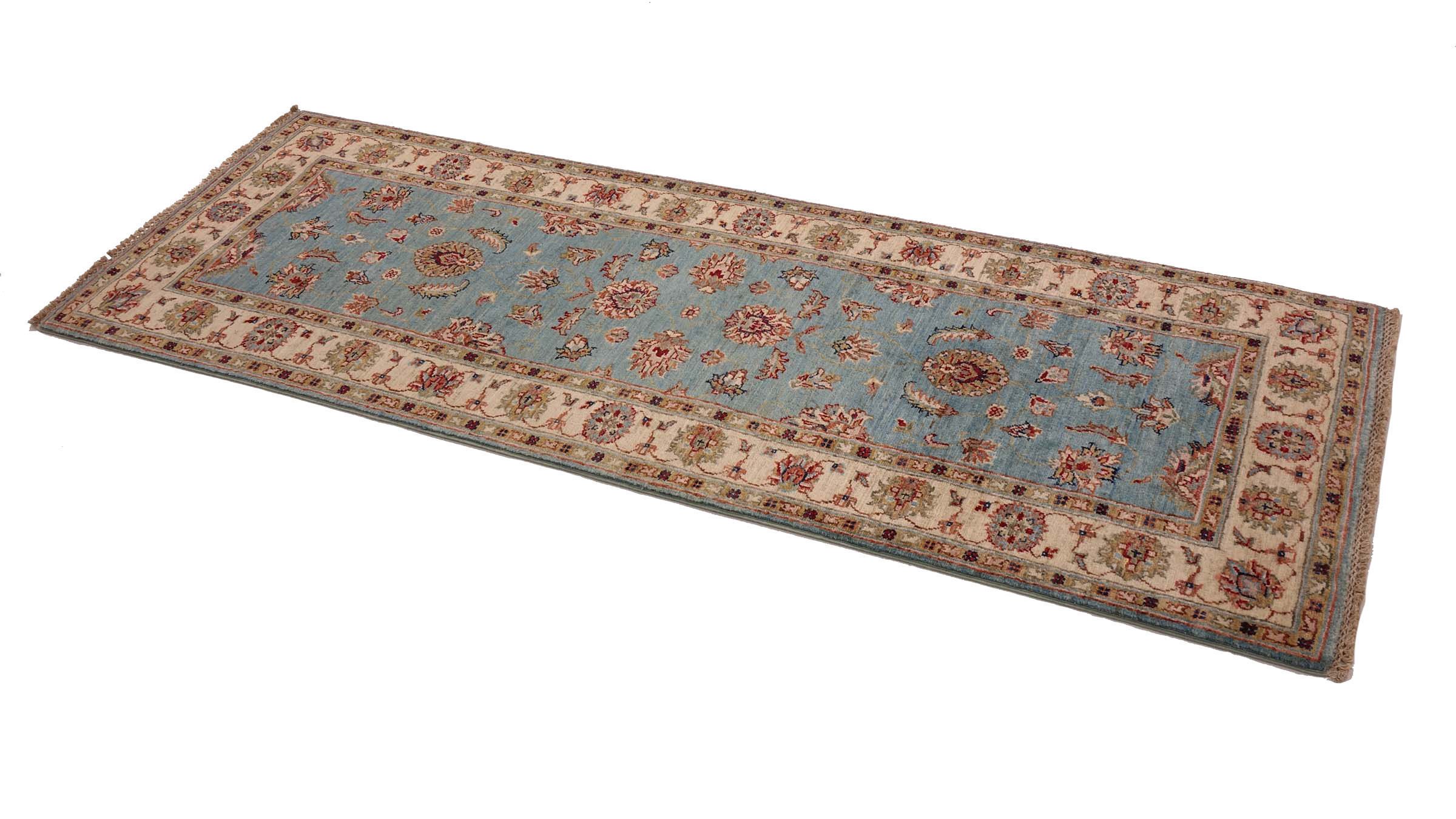 Chobi Ziegler Teppich 80x210 Handgeknüpft Läufer Blau Floral Orientalisch UNIKAT
