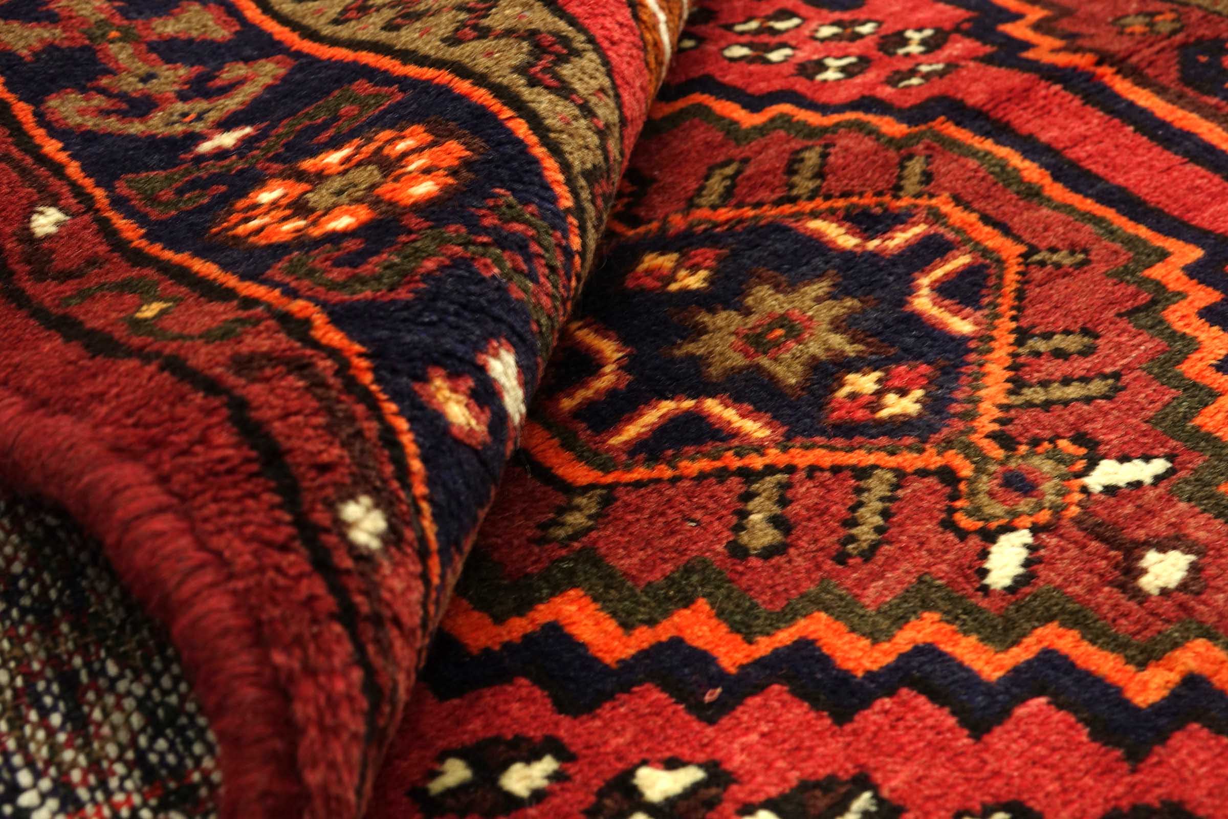 Perser Hamadan 100x140 Handgeknüpft Orientteppich Rot Umrandung Wolle Kurzflor