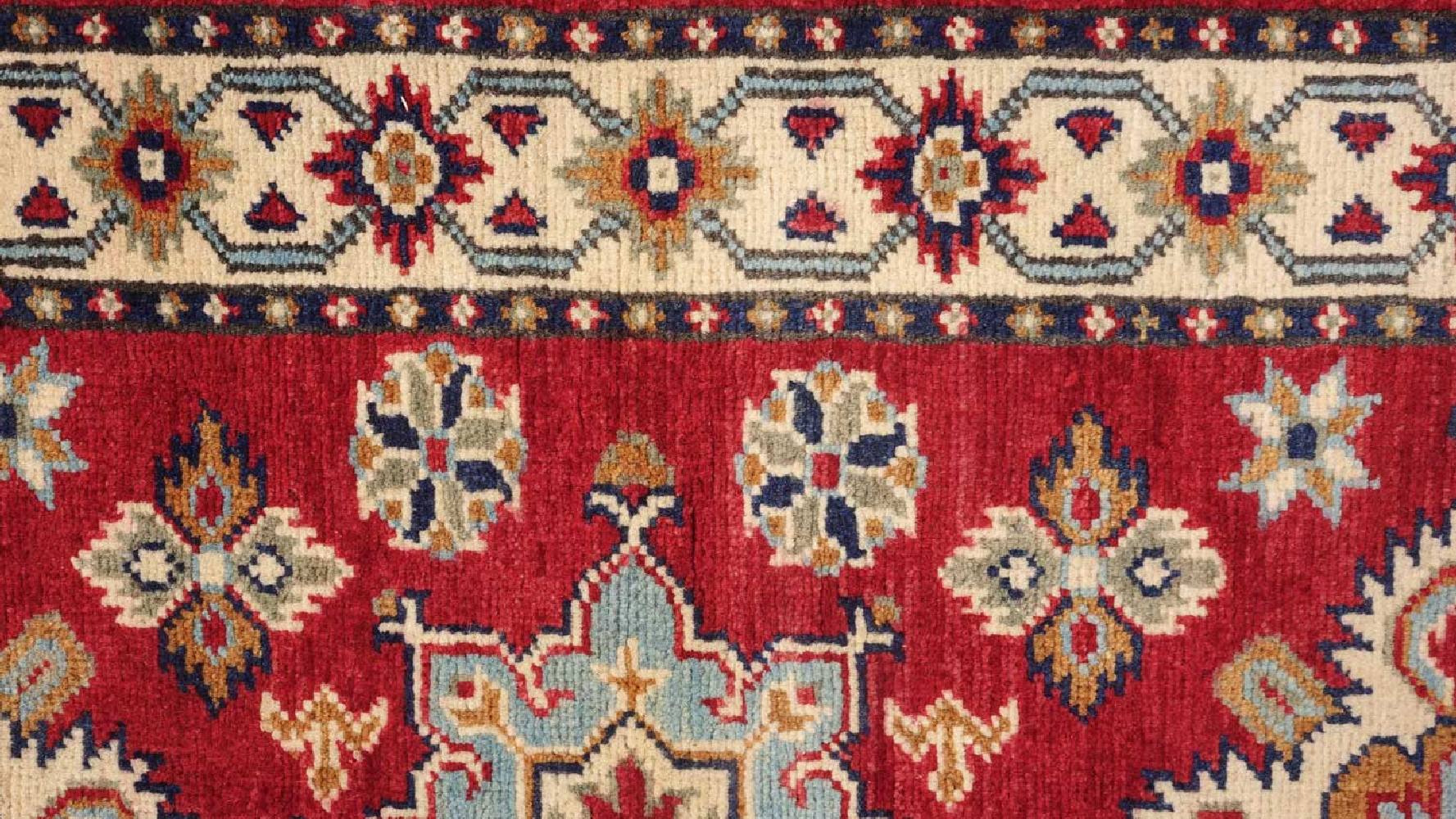 Kazak Teppich 60x170 Handgeknüpft Läufer rot Geometrisch Orientalisch UNIKAT Kurzflor