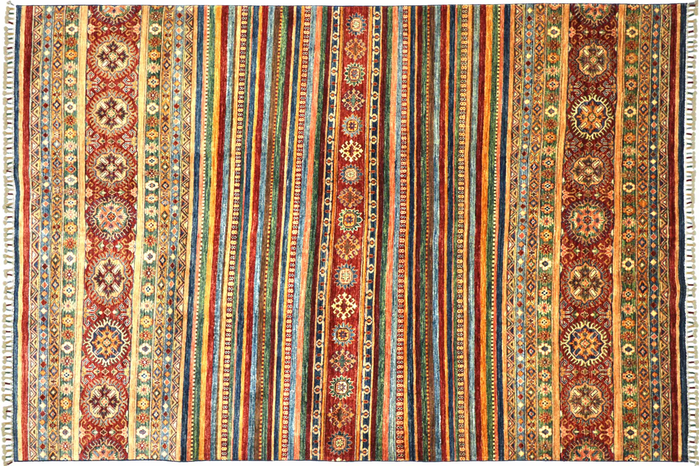 Afghan Khorjin Shaal 200x300 Handgeknüpft Orientteppich Bunt Streifen Wolle