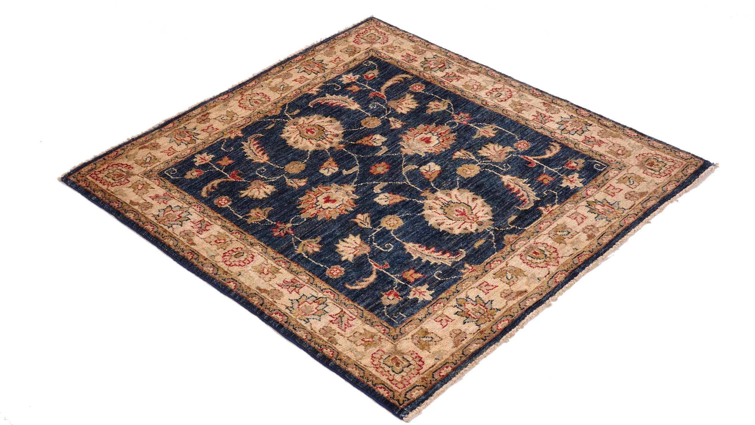 Chobi Ziegler Teppich 100x100 Handgeknüpft Quadratisch Beige Floral Orientalisch UNIKAT