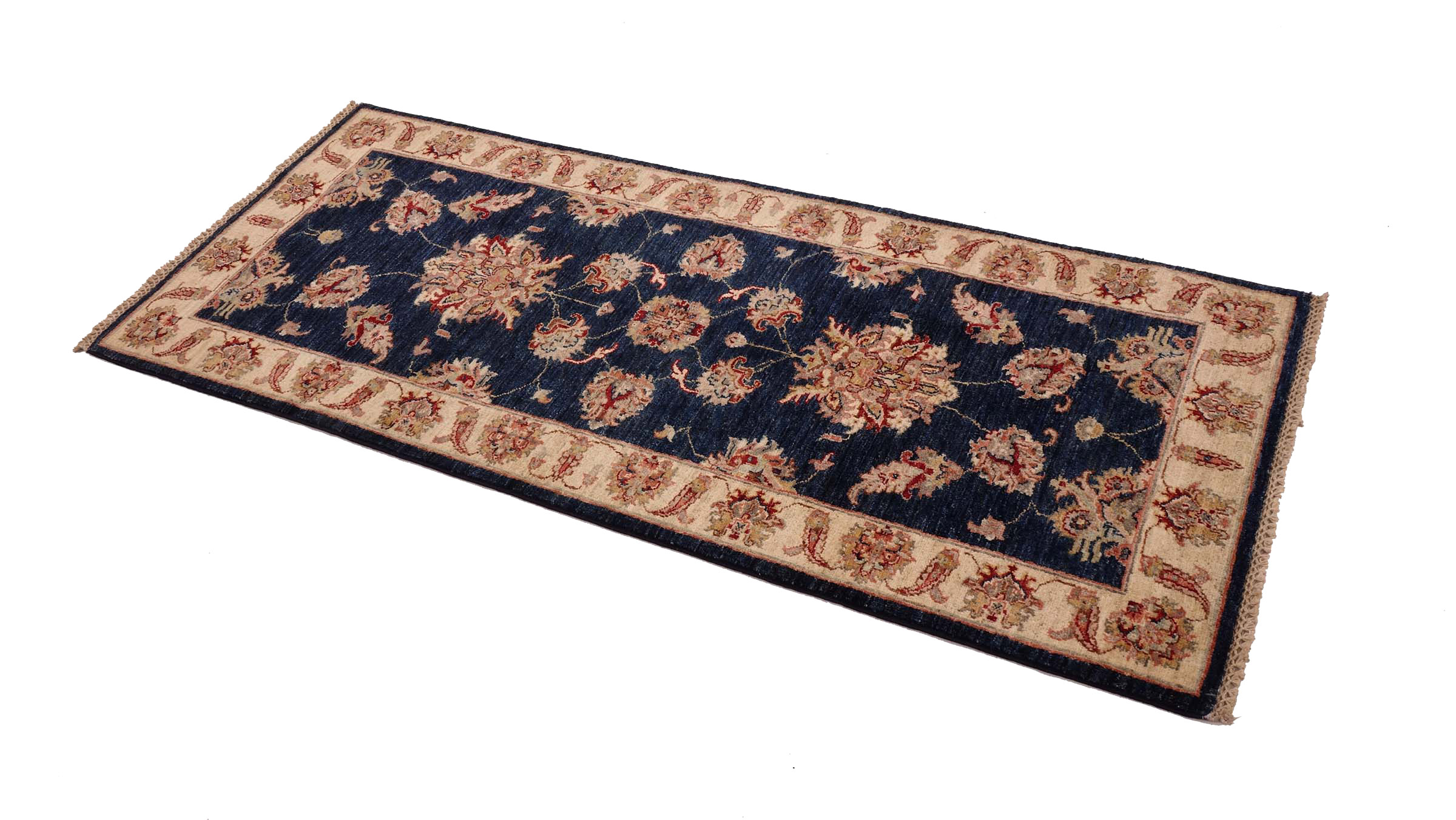 Chobi Ziegler Teppich 80x190 Handgeknüpft Blau Floral Orientalisch UNIKAT Kurzflor