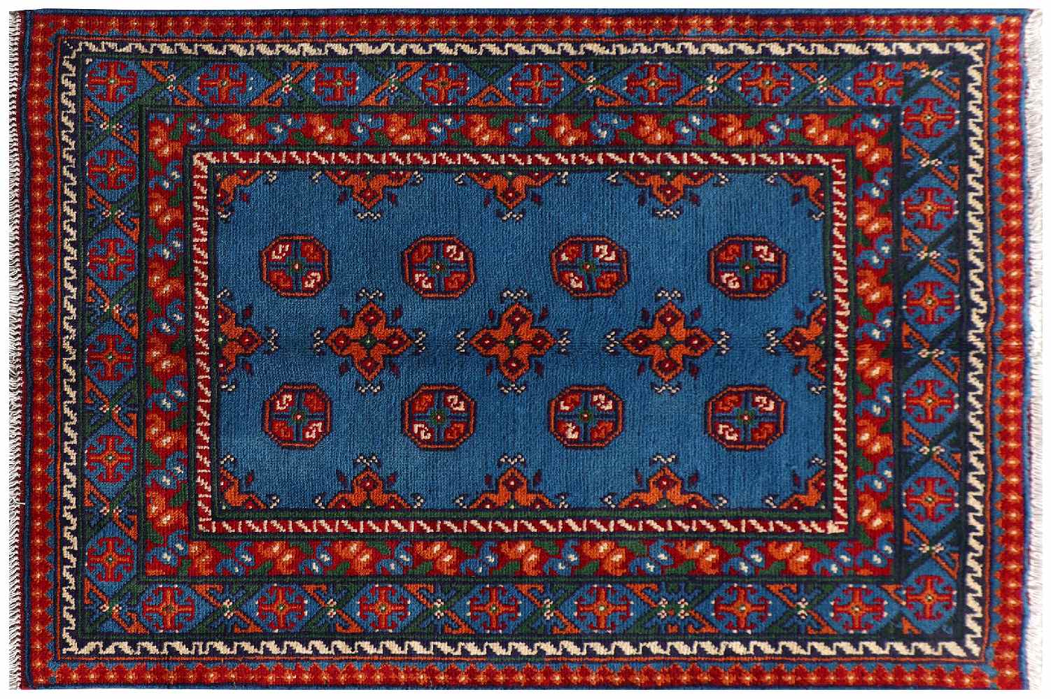 Afghan Akcha Rang Dar Teppich 100x150 Handgeknüpft Blau Durchgemustert Orient Kurzflor