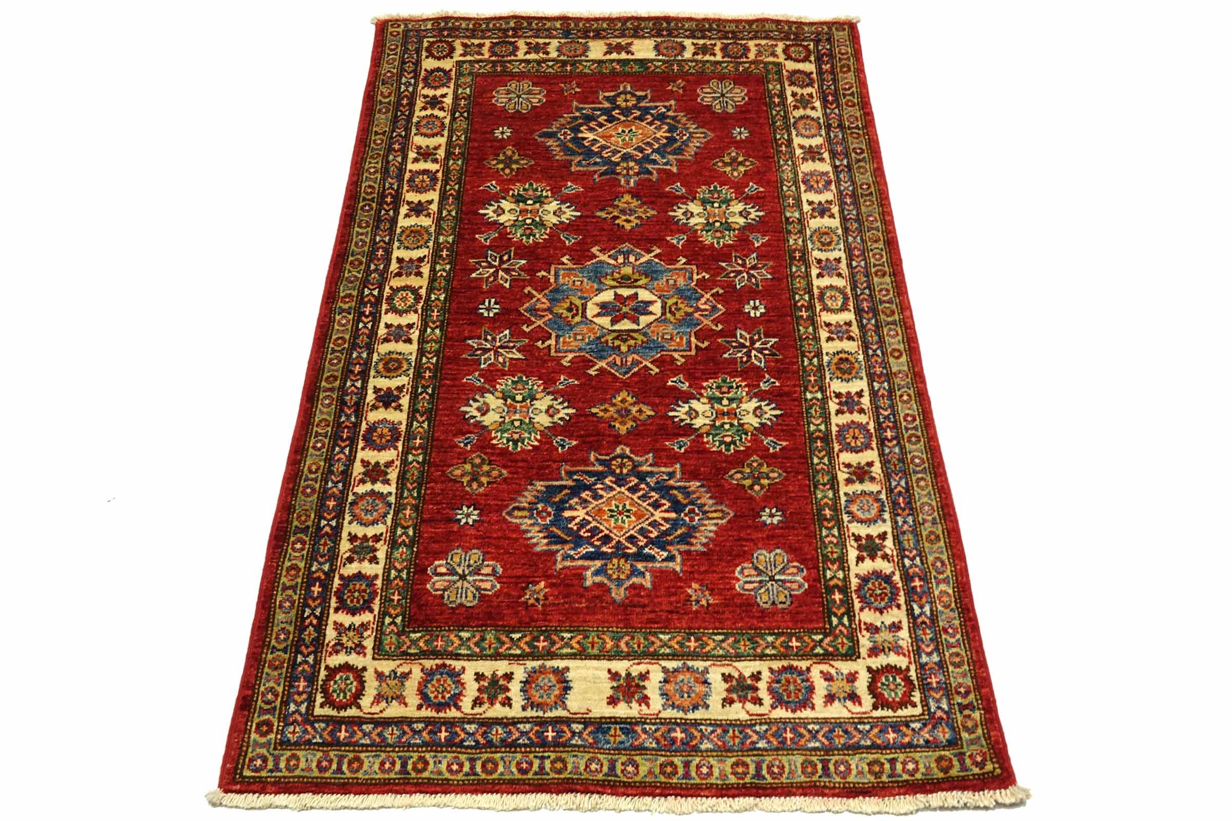 Afghan Kazak Fein 100x150 Handgeknüpft Orientteppich Rot Umrandung Wolle