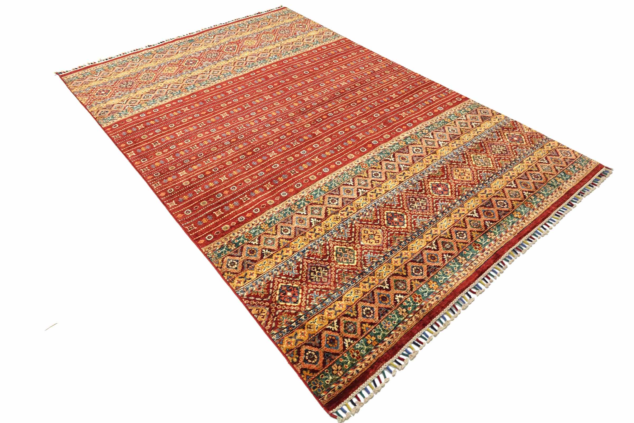 Afghan Khorjin Shaal 200x300 Handgeknüpft Orientteppich Rot Streifen Wolle