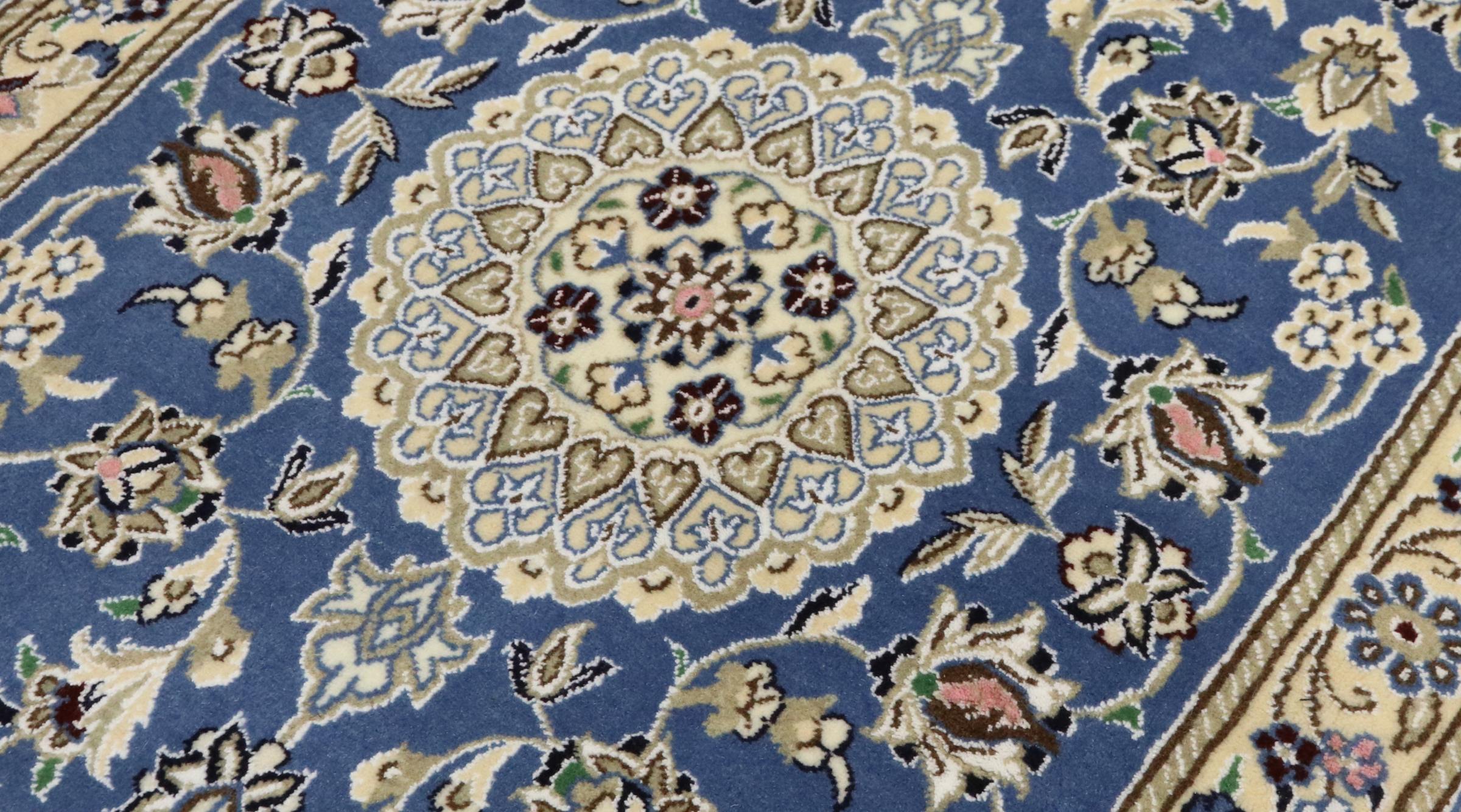 Perserteppich Nain 9LA 80x200 Handgeknüpft Blau Floral Orientalisch UNIKAT Kurzflor