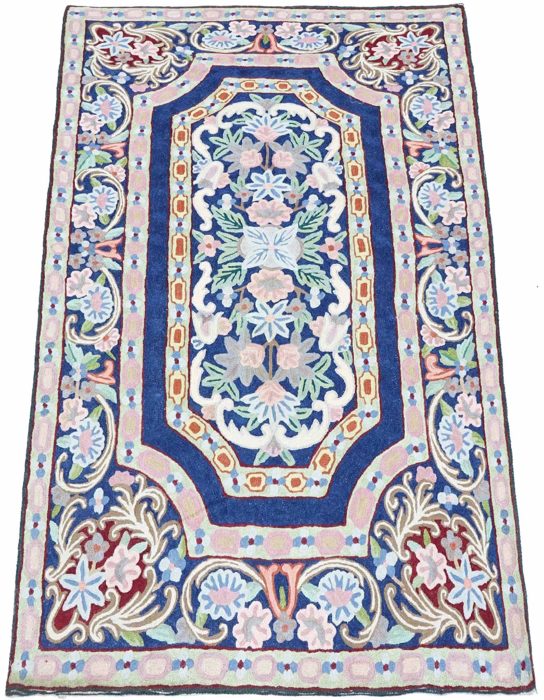 Chainstitch Kettenstich Teppich 80x120 Handgewebt Blau Blumenmuster Handarbeit Gewebt