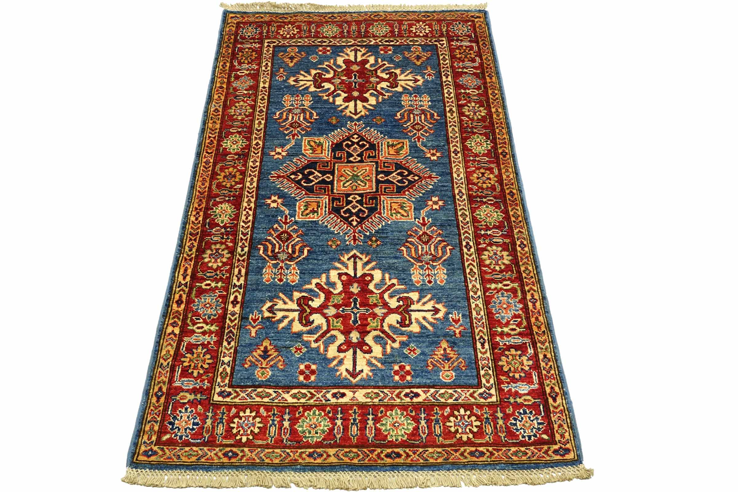 Afghan Kazak Fein 100x150 Handgeknüpft Orientteppich Blau Umrandung Wolle