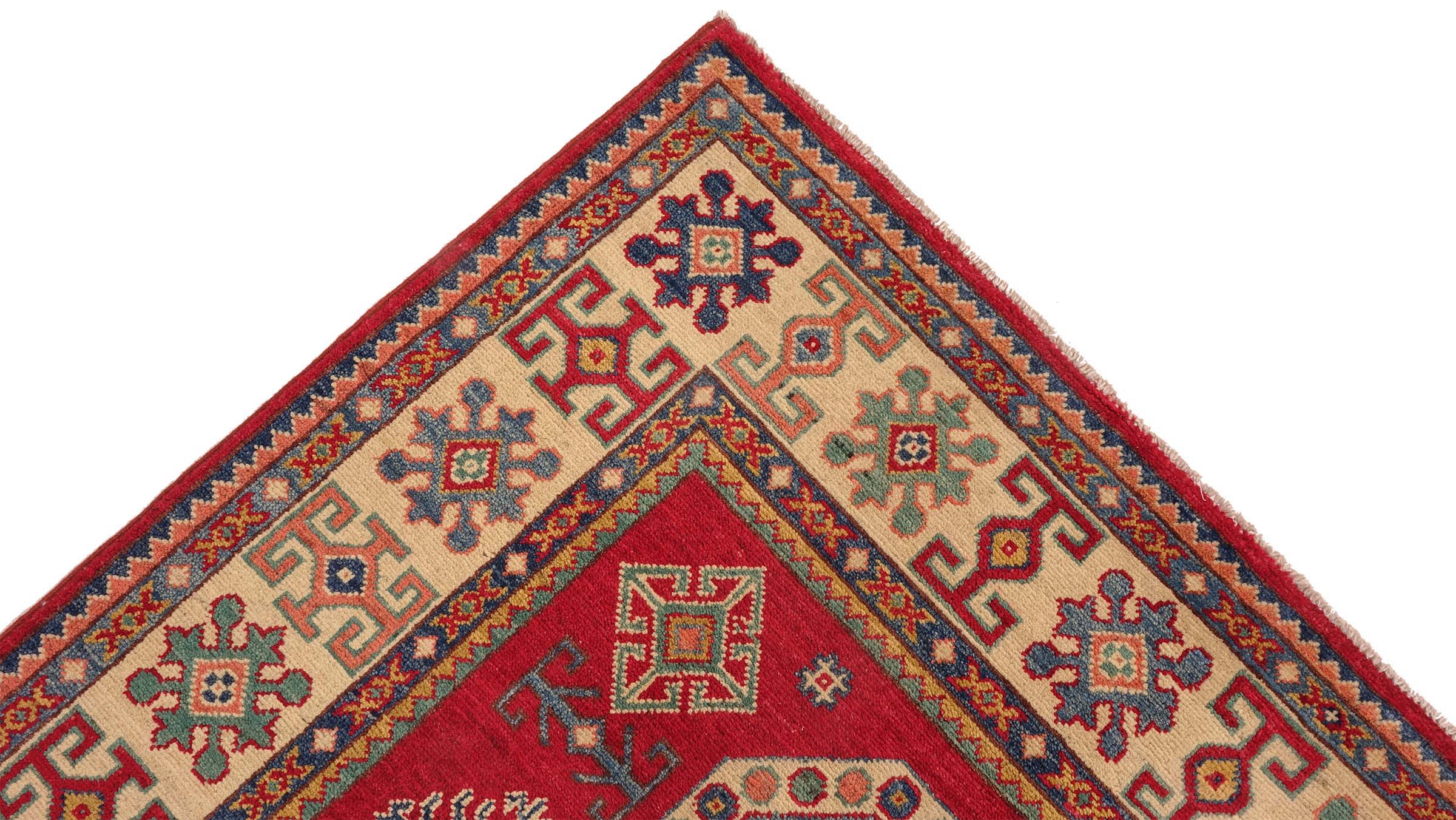 Kazak Teppich 120x180 Handgeknüpft Rosa Geometrisch Orientalisch UNIKAT Kurzflor