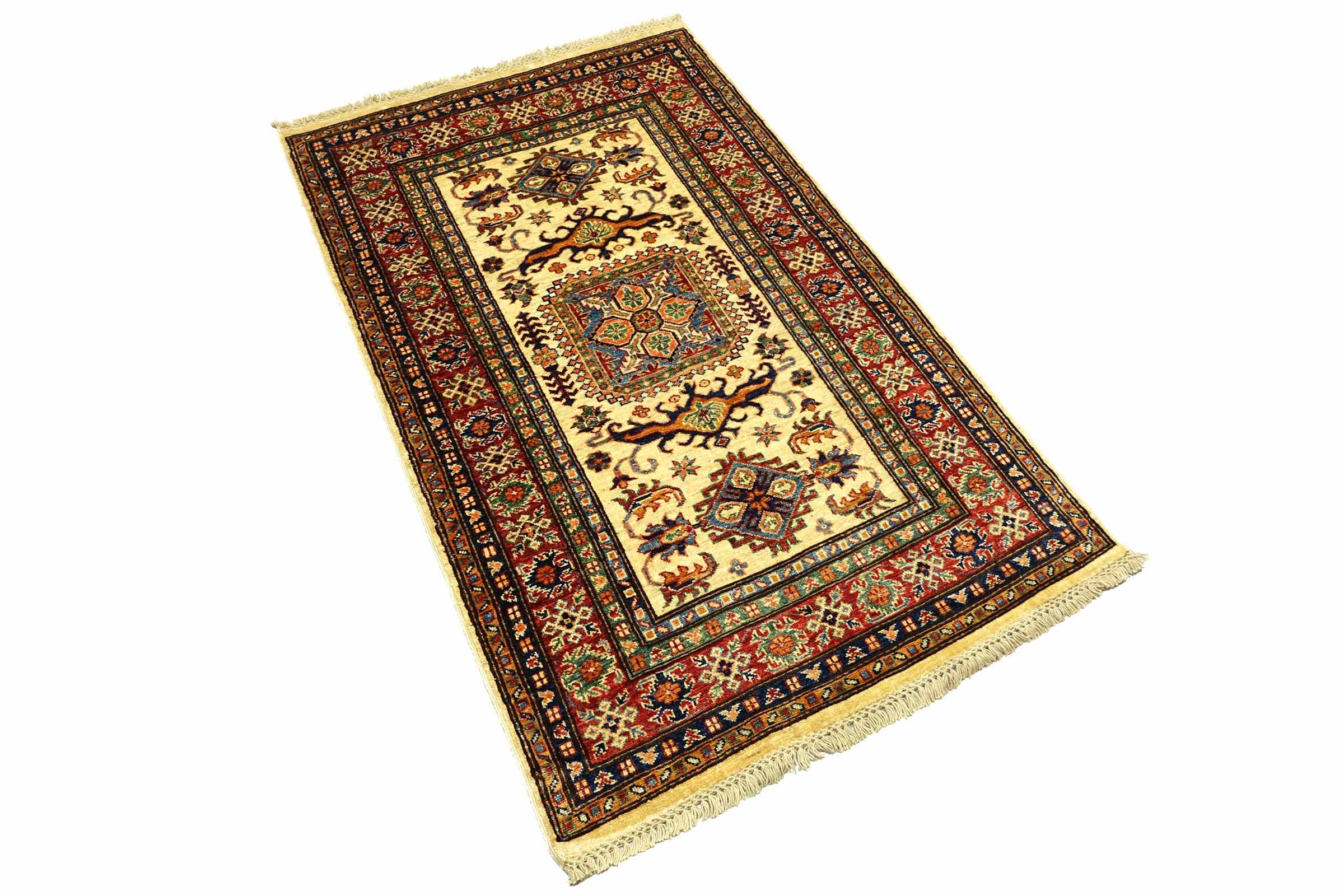 Afghan Kazak Fein 100x150 Handgeknüpft Orientteppich Beige Umrandung Wolle