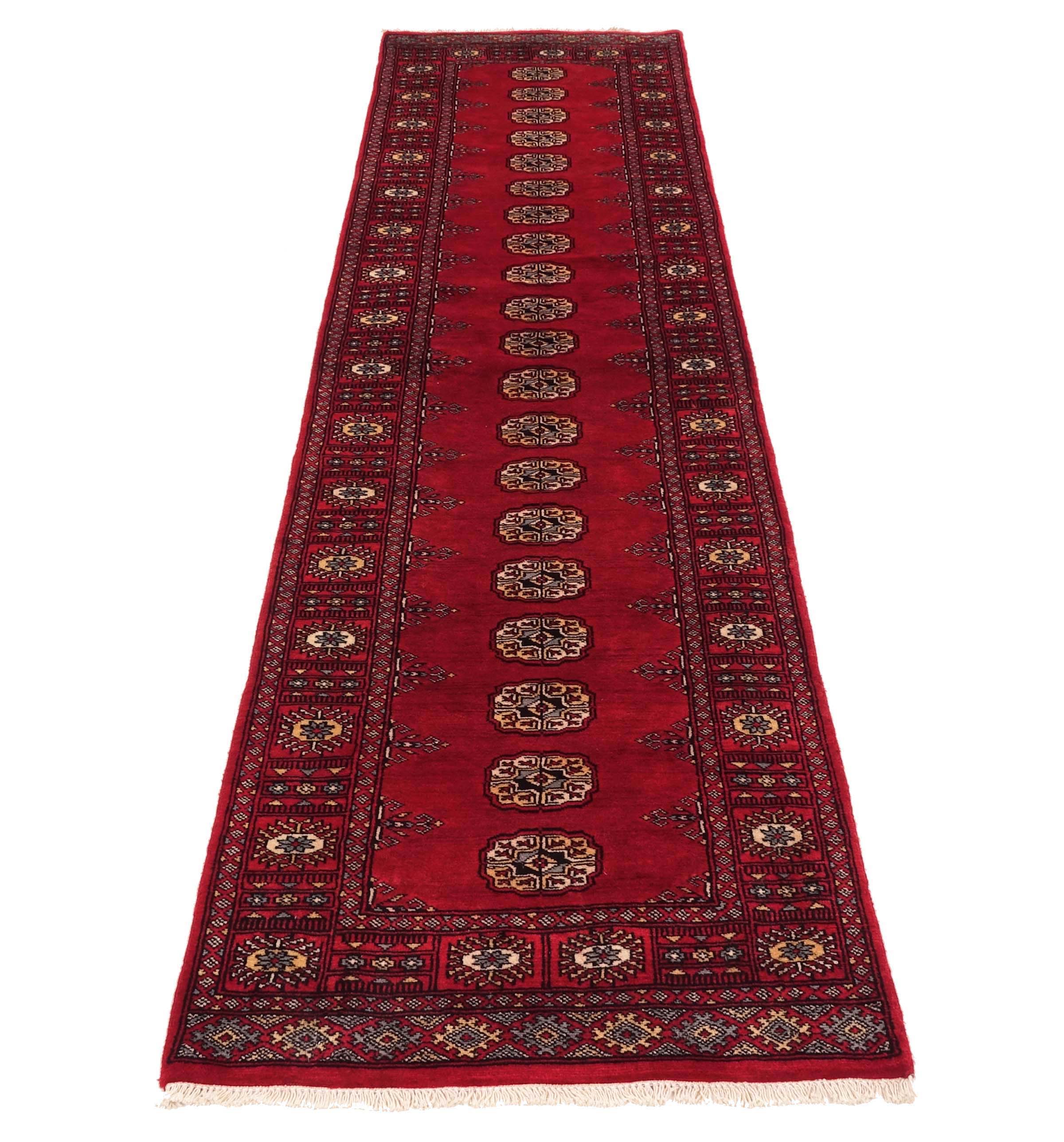 Pakistan Bokhara Teppich 80x300 Handgeknüpft Läufer Rot Geometrisch Orientalisch UNIKAT
